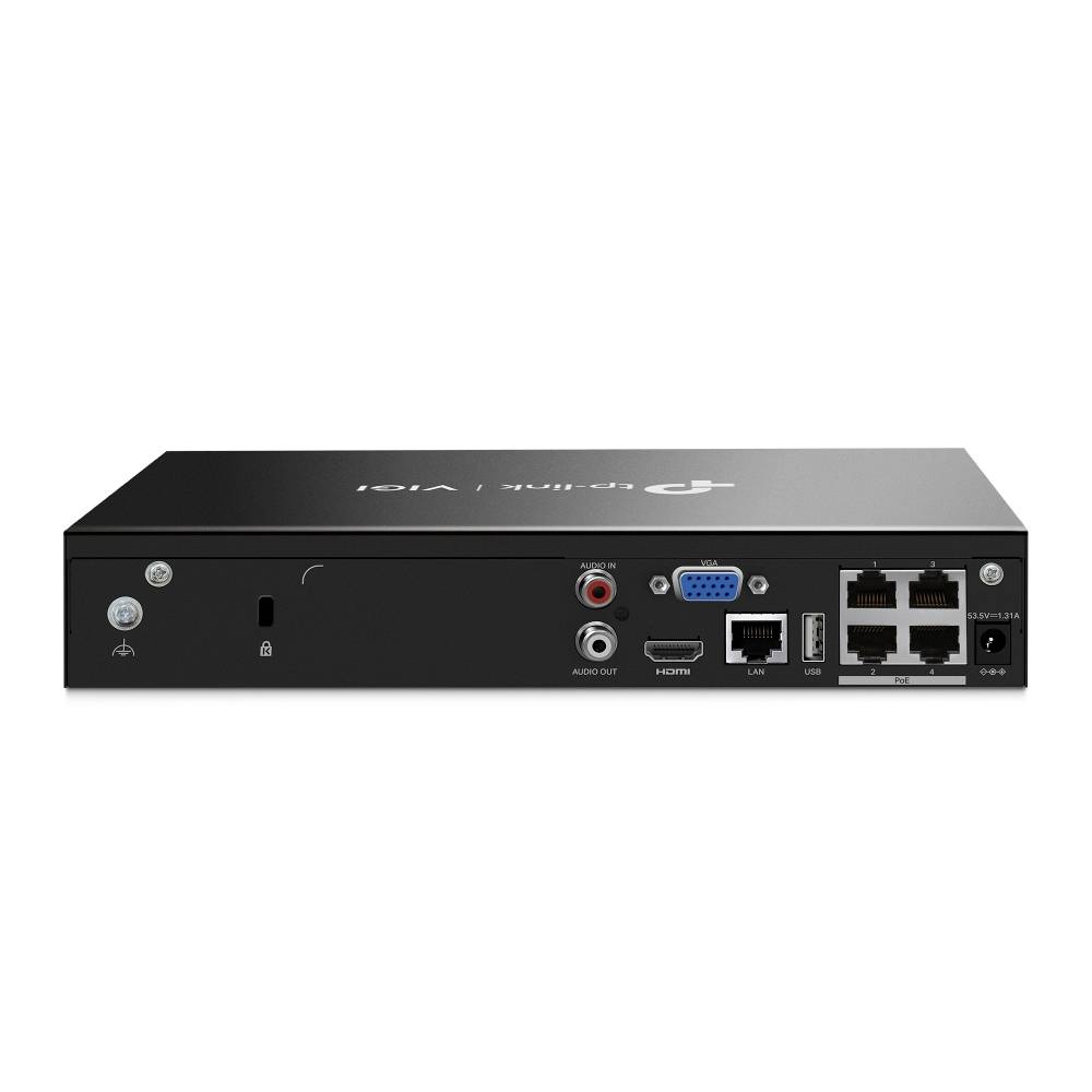 Schwarzer TP-Link VIGI Netzwerk-Videorekorder mit vorderen Anschlüssen und Statusschaltflächen, gezeigt auf weißem Hintergrund.