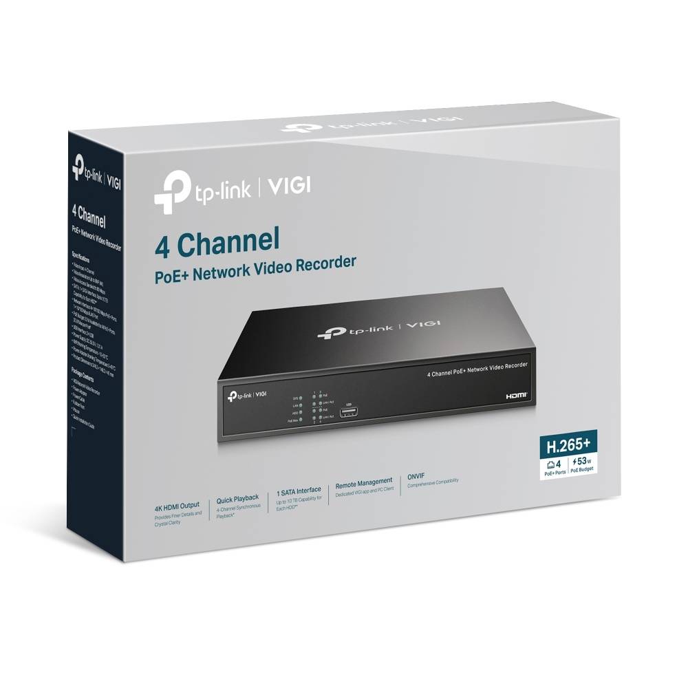 TP-Link VIGI 4-Kanal-PoE+-Netzwerk-Videorecorder-Box mit dem NVR-Gerät, H.265+-Unterstützung und 4-Kanal-Aufnahmefunktionen.