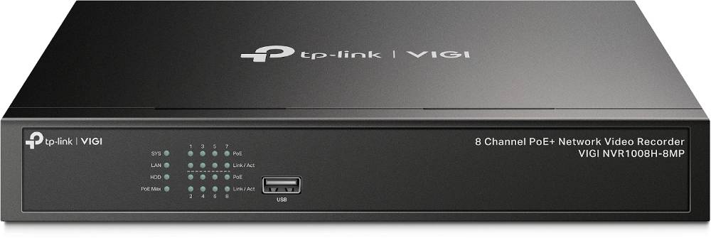 Frontansicht eines TP-Link VIGI 8-Kanal-PoE+-Netzwerk-Videorekorders, Modell VIGI NVR1008H-8MP, mit Status-LEDs und USB-Anschluss.
