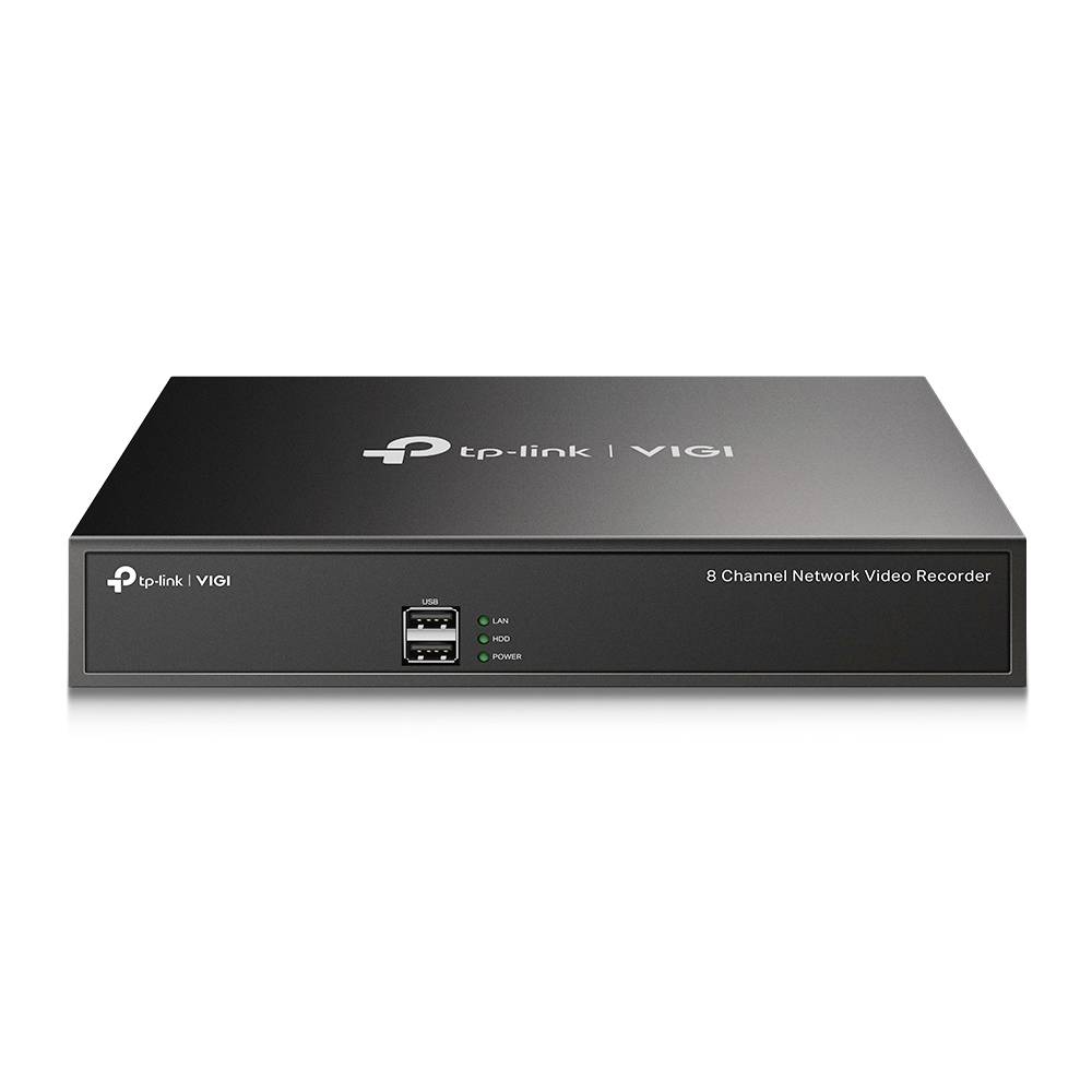 Schwarzer TP-Link VIGI 8-Kanal-Netzwerk-Videorekorder von vorne und von oben gezeigt, mit USB-Anschlüssen und Statusleuchten.