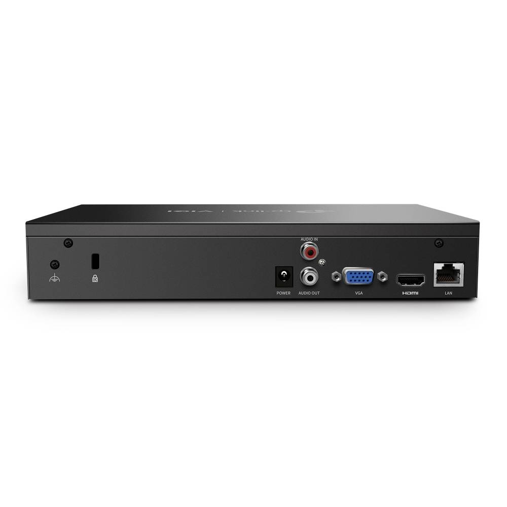 Rückansicht eines schwarzen elektronischen Geräts mit Anschlüssen für Stromversorgung, Audioausgang, VGA, HDMI und LAN.