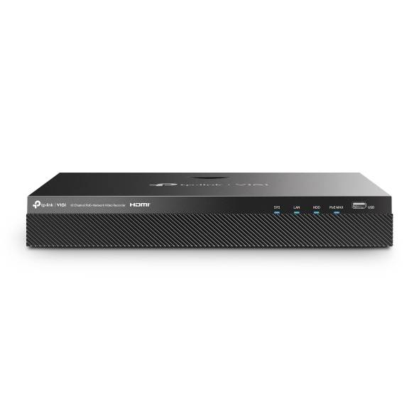 Schwarzer TP-Link VIGI Netzwerk-Videorekorder mit vorderen Statusleuchten und HDMI-/USB-Anschlüssen, dargestellt auf weißem Hintergrund.