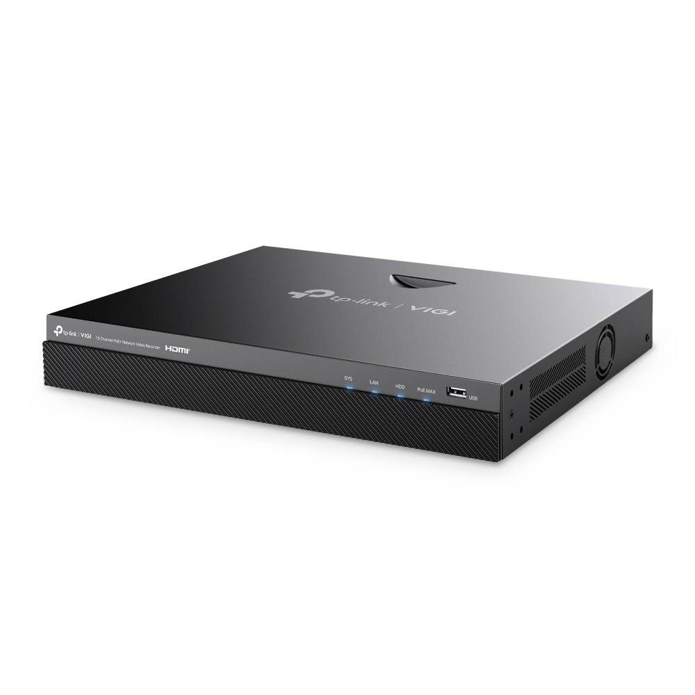 Schwarzer TP-Link Omada Router/Gerät mit vorderen Statusleuchten und Anschlüssen, dargestellt in einer produktstylisierten Ansicht auf weißem Hintergrund.