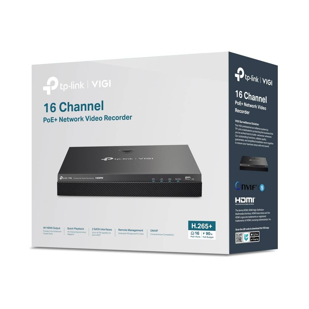 TP-Link VIGI 16-Kanal-PoE+-Netzwerk-Videorecorder-Box mit dem Recorder und Funktionen wie H.265+, ONVIF und HDMI-Kompatibilität.