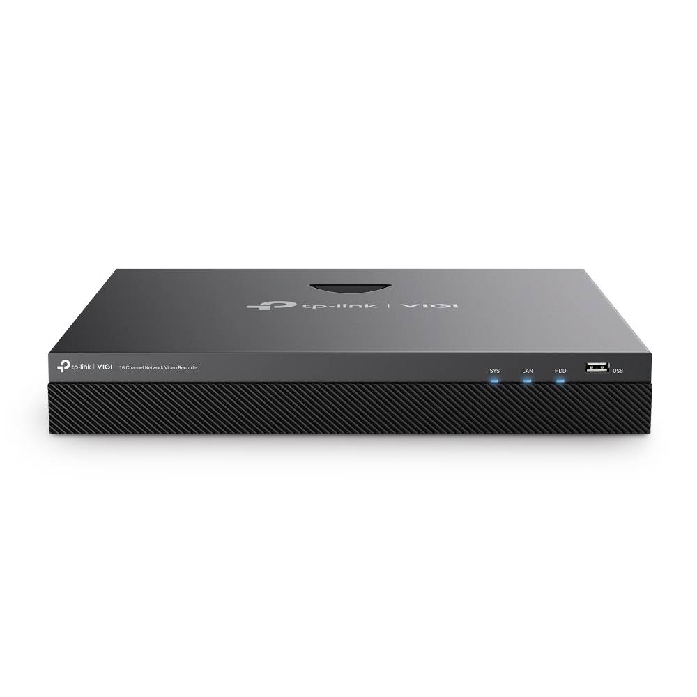 TP-Link VIGI Netzwerk-Videorekorder in Schwarz, dargestellt in einer frontal ausgerichteten Produktansicht auf weißem Hintergrund.