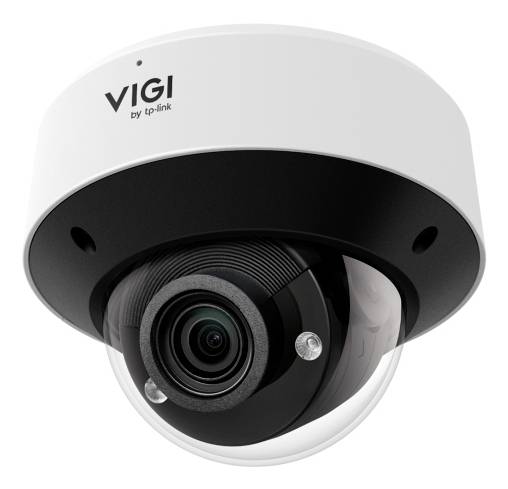 Eine weiße und schwarze VIGI von TP-Link Dome-Überwachungskamera mit sichtbarem Objektiv und klarem Schutzdom.
