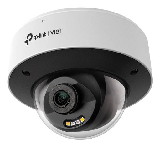 TP-Link VIGI Kuppel-Sicherheitskamera mit schwarzem Objektiv und transparenter Schutzabdeckung, auf weißem Hintergrund abgebildet.