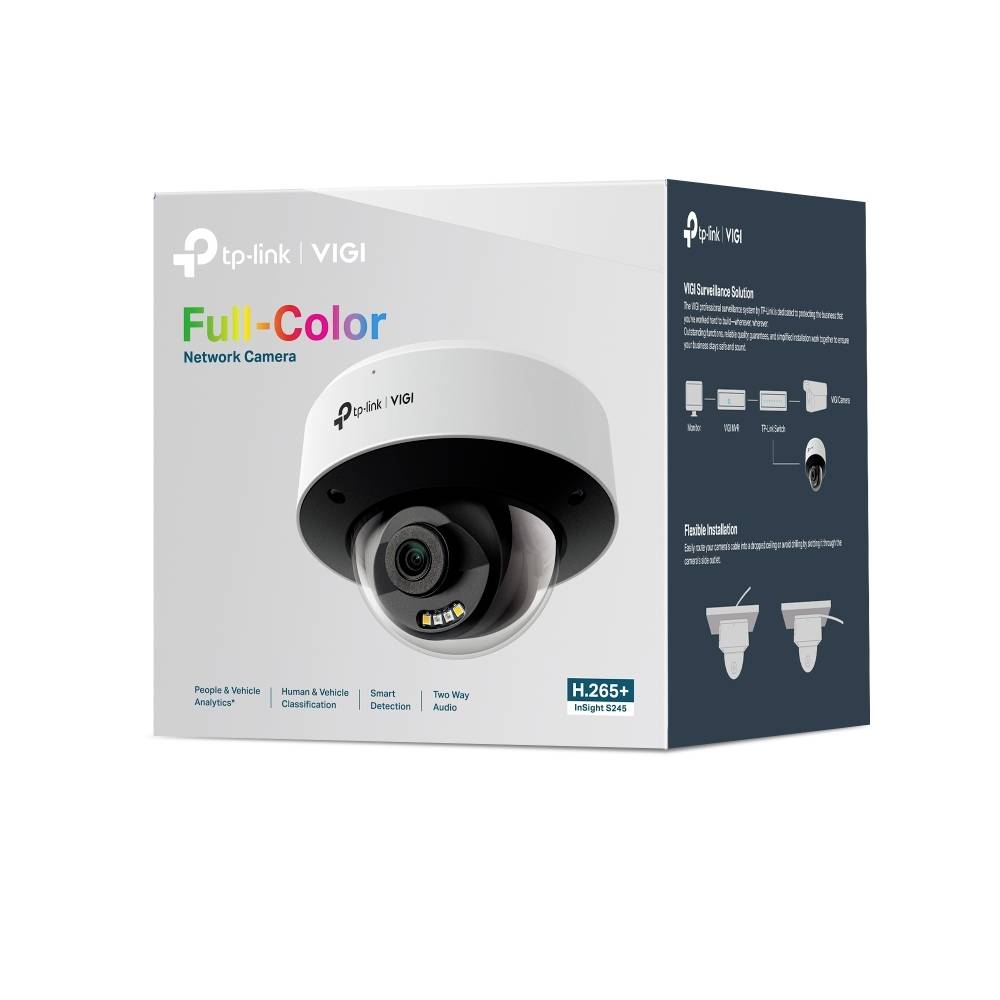 Eingeblichene TP-Link VIGI Netzwerkkamera in Farbe, die eine Dome-Sicherheitskamera zeigt und Funktionen wie H.265+ Video, Zwei-Wege-Audio und intelligente Erkennung aufweist.