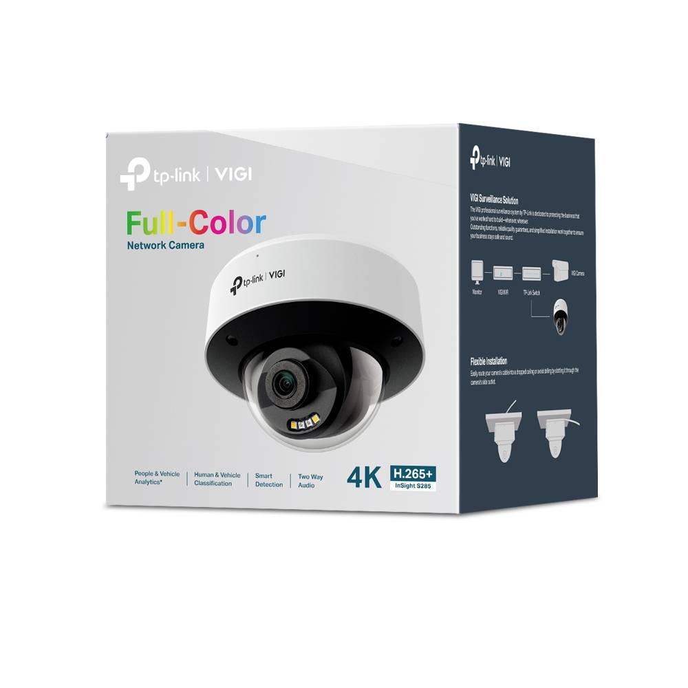 TP-Link VIGI Vollfarb-4K-Netzwerk-Sicherheitskamera Einzelhandelskarton, zeigt eine Domenkamera und Produktmerkmale.