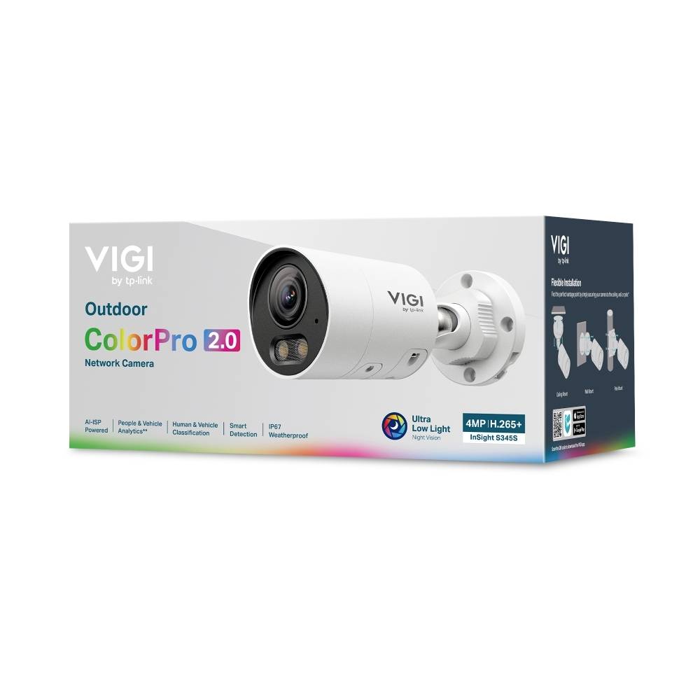 VIGI von TP-Link Outdoor ColorPro 2.0 Netzwerkkamera-Verpackung mit einer weißen Bullet-Sicherheitskamera und Produktfunktionen.