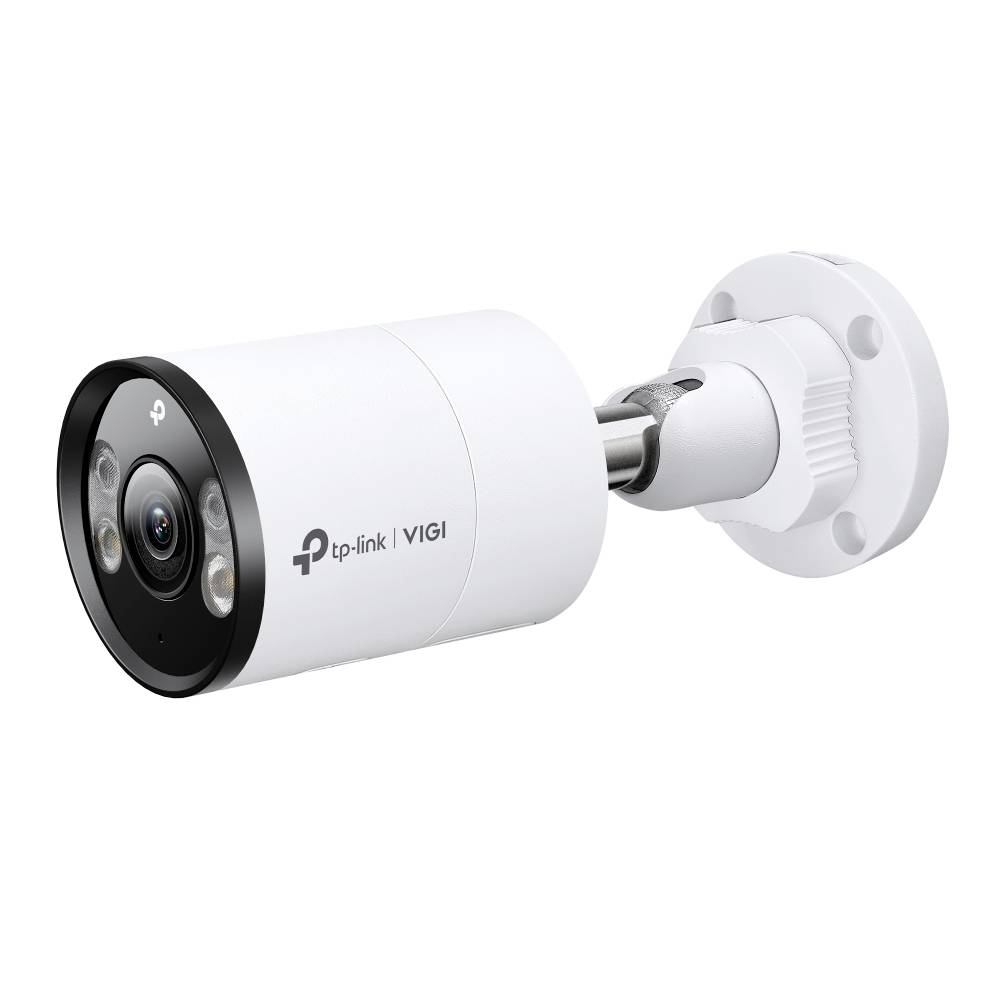 Weiße TP-Link VIGI Bullet-Sicherheitskamera auf einer Wandhalterung montiert, dargestellt in einer Seitenansicht auf weißem Hintergrund.