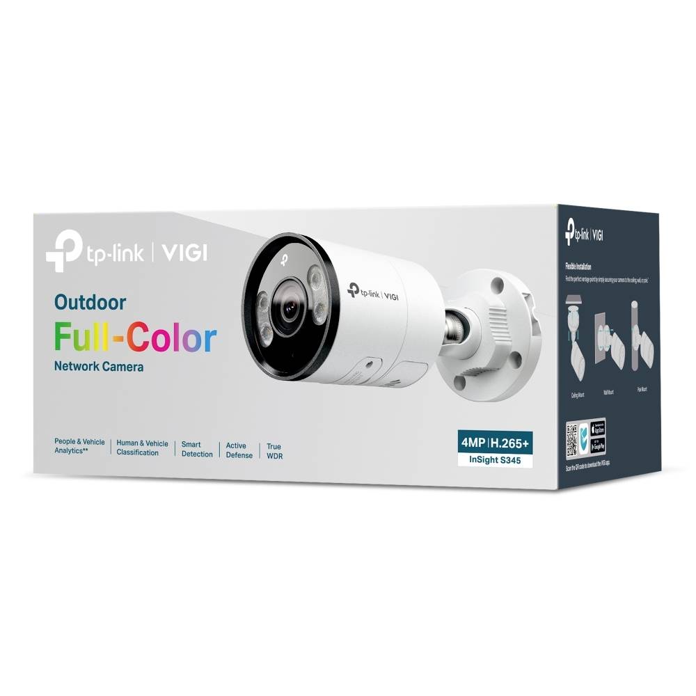 TP-Link VIGI Outdoor Vollfarb-Netzwerkkamera Box mit einer weißen 4MP H.265+ Kugelkamera und Produktmerkmalen.