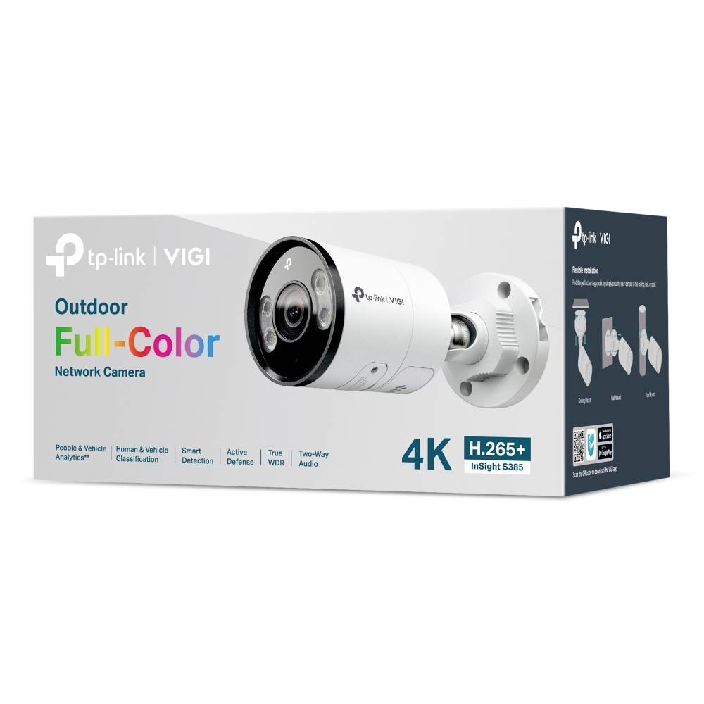 Verpackung für eine TP-Link VIGI Outdoor Vollfarb-4K-Netzwerkkamera, zeigt die weiße Bullet-Kamera und Produktmerkmale.