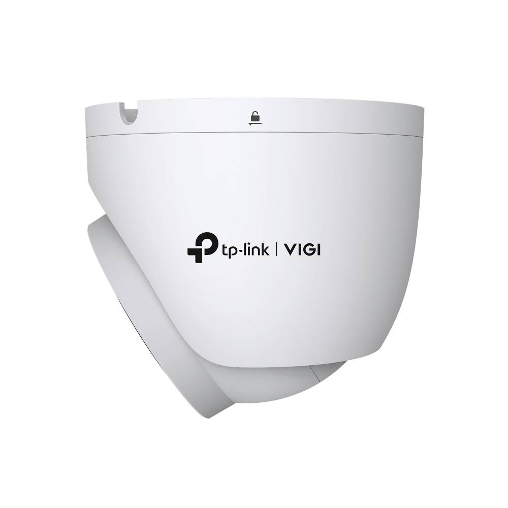Weiße TP-Link VIGI Sicherheitskamera an einer Wand montiert, von vorne dargestellt mit Logo und Objektivabdeckung.