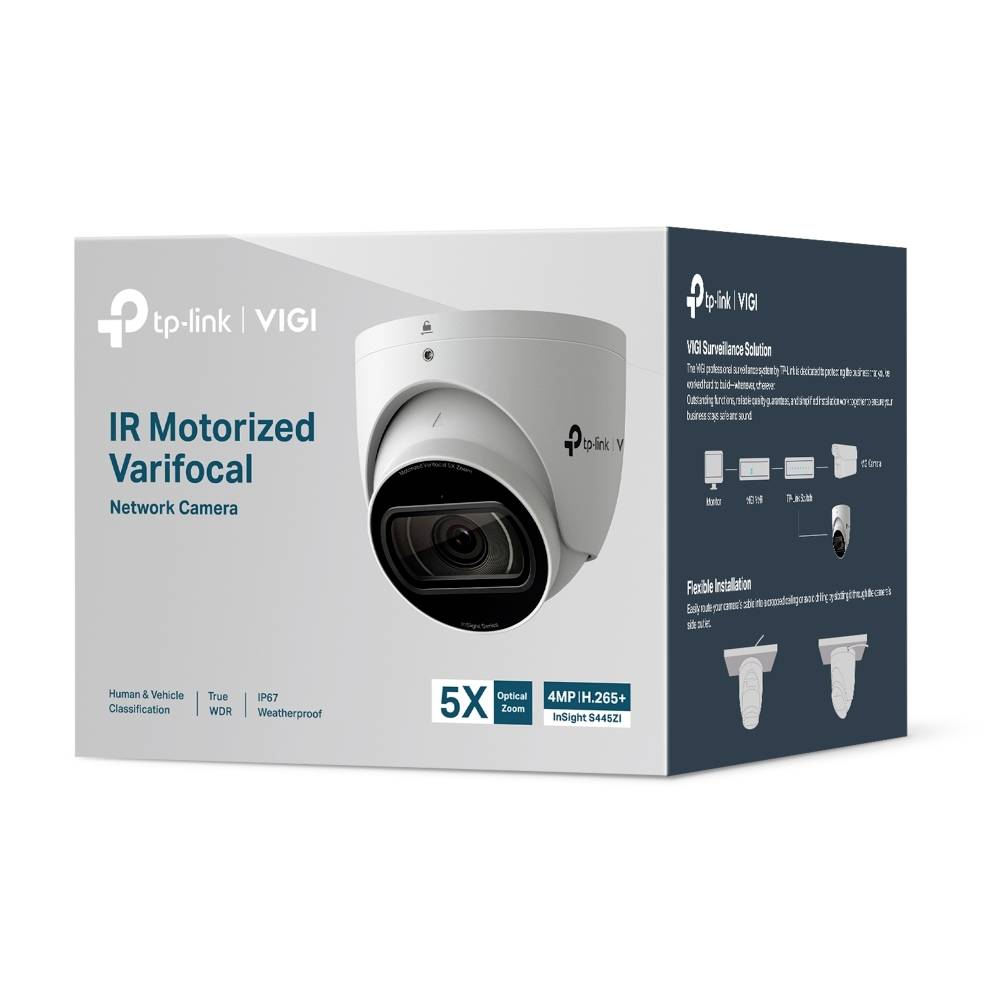 TP-Link VIGI IR motorisierte Varifocal-Netzwerkkamera in einer Box, die eine weiße Outdoor-Sicherheitskamera mit 5x optischem Zoom, 4MP H.265+ und wetterfesten Eigenschaften zeigt.