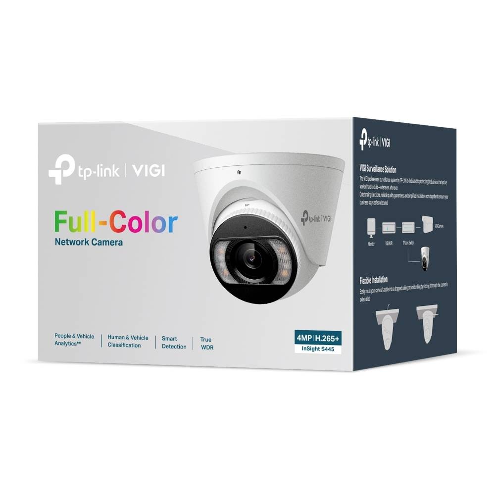 Boxverpackung für eine TP-Link VIGI Vollfarb-Netzwerk-Sicherheitskamera mit Abbildung der Kuppelkamera und Beschriftungen für 4MP H.265+ und InSight S445.