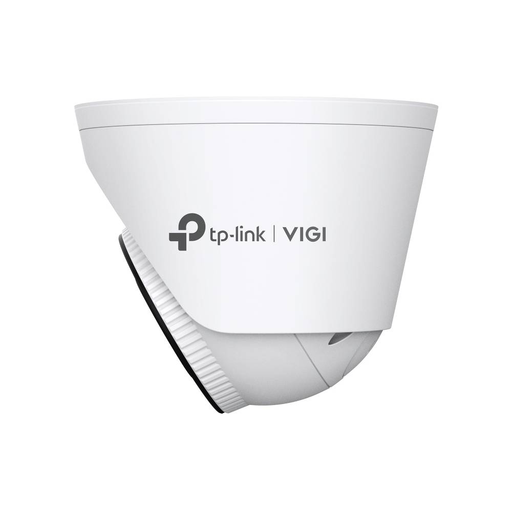 Weiße TP-Link VIGI-Domenkamera für Sicherheit, gezeigt vor einem einfarbigen Hintergrund, mit dem Markenlogo auf der Seite.