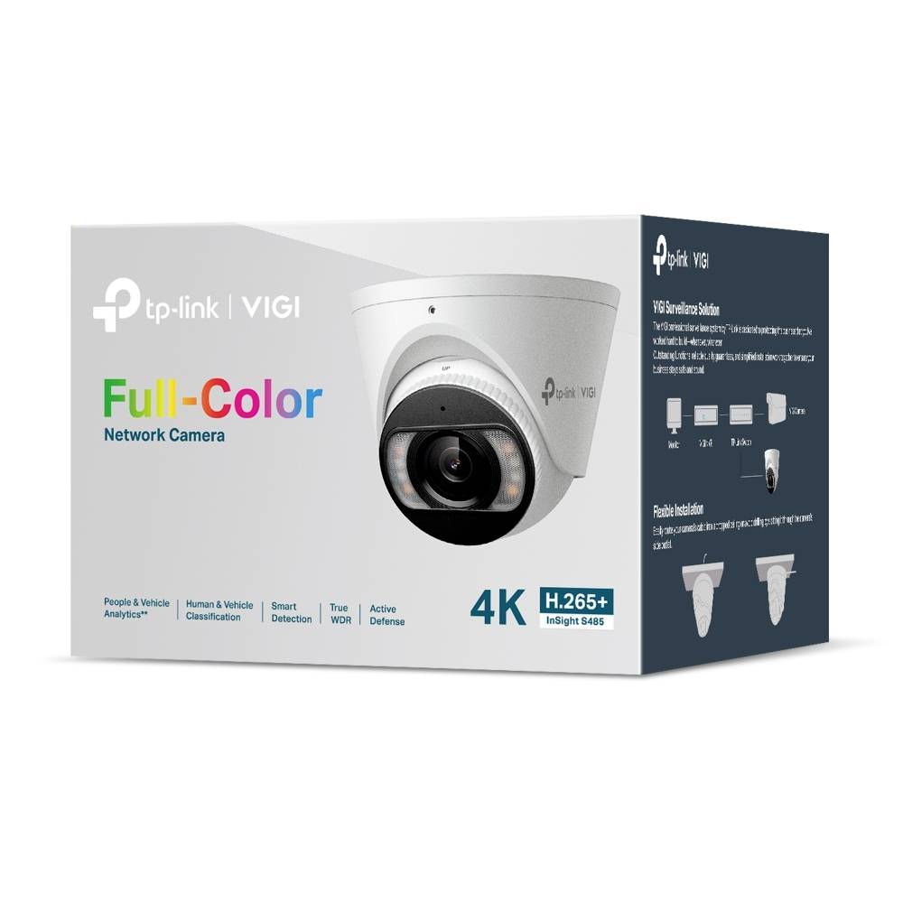 TP-Link VIGI Netzwerkkamera mit Vollfarb-Funktion in einer Schachtel mit einer Domensicherheitskamera, 4K-Auflösung, H.265+ Video und Überwachungsfunktionen.
