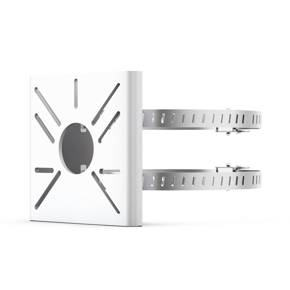 Eine weiße Wandhalterung mit zwei horizontal verstellbaren Metallarmen, die nach rechts ausgestreckt sind.