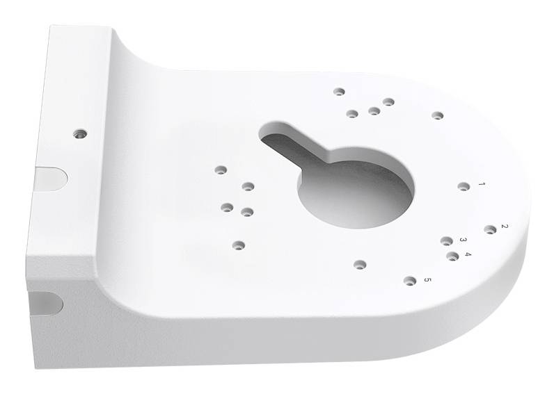 Weiße 3D-CAD-Platte im mechanischen Stil mit großem schlüssellochförmigem Ausschnitt und mehreren kleinen Befestigungslöchern drumherum.