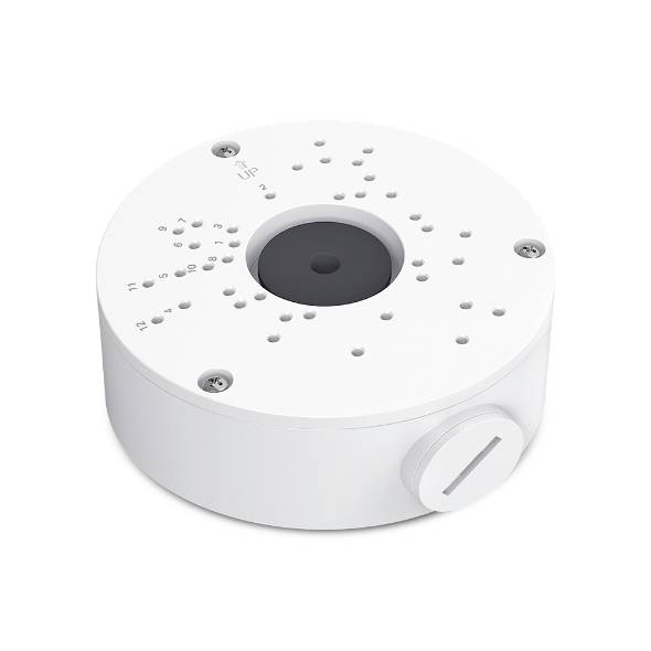 Weißer runder Deckenmelder oder Rauchmelder mit perforierter Oberseite, zentraler dunkler Öffnung und seitlichem Einstellknopf vor neutralem Hintergrund.