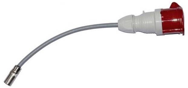 Ein flexibles graues Kabel mit einem roten Stecker und einer kleinen Metallspitze, dargestellt vor weißem Hintergrund.