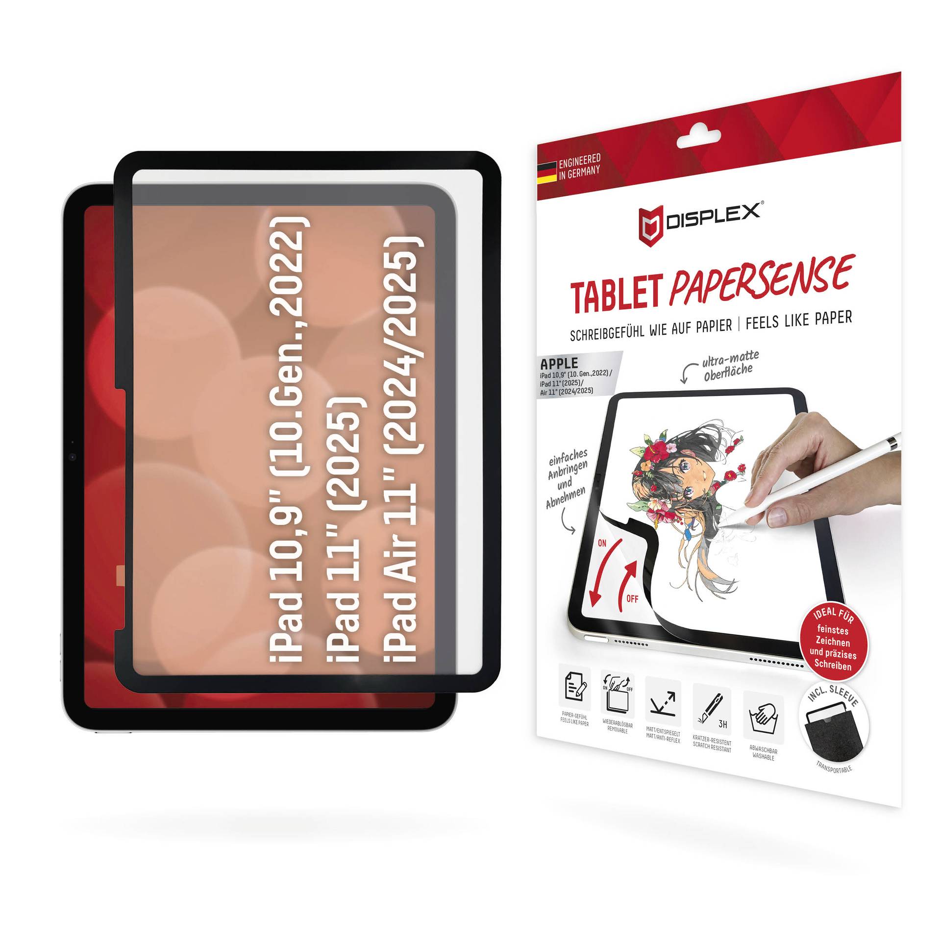 Displex 'Tablet Papiersense' Displayschutzfolie für iPad Air und iPad Modelle, gezeigt mit Tablet-Größenkompatibilität und Stiftzeichnung auf dem Bildschirm.