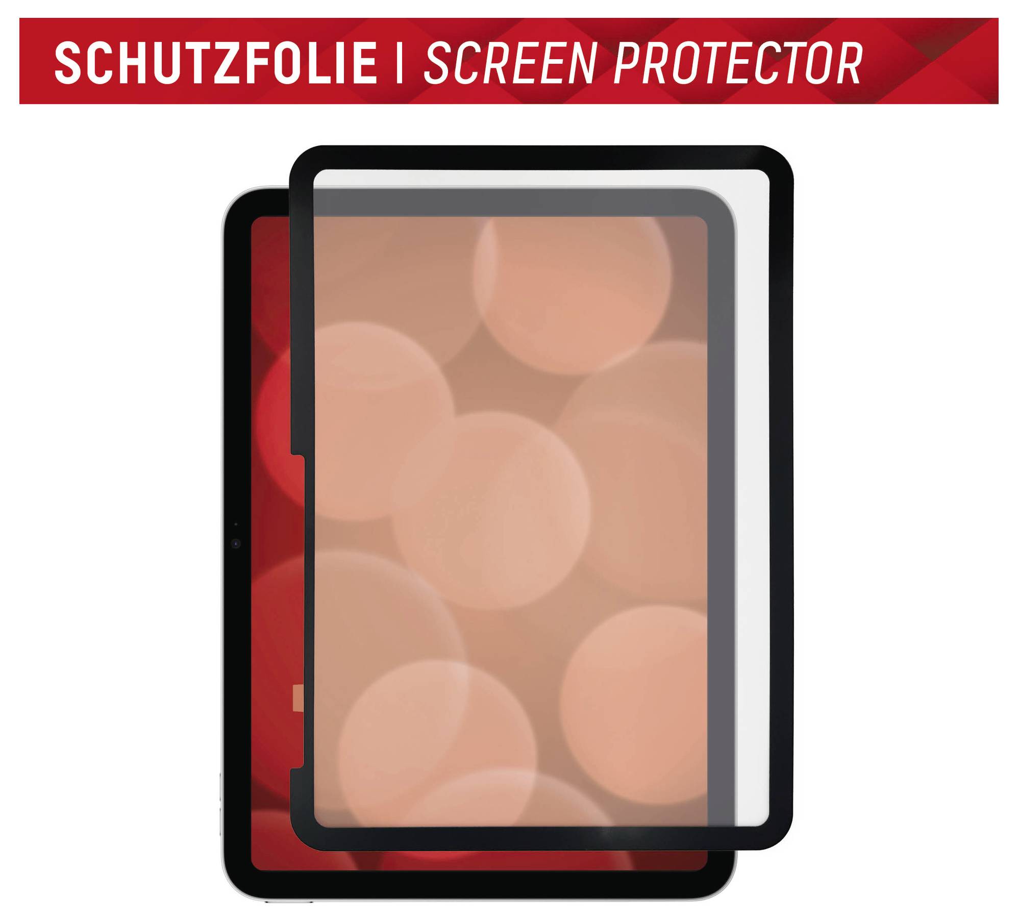 Tablet-Displayschutz mit überlappenden schwarzgerahmten Glaspaneelen; Banner liest „SCHUTZFOLIE | SCREEN PROTECTOR