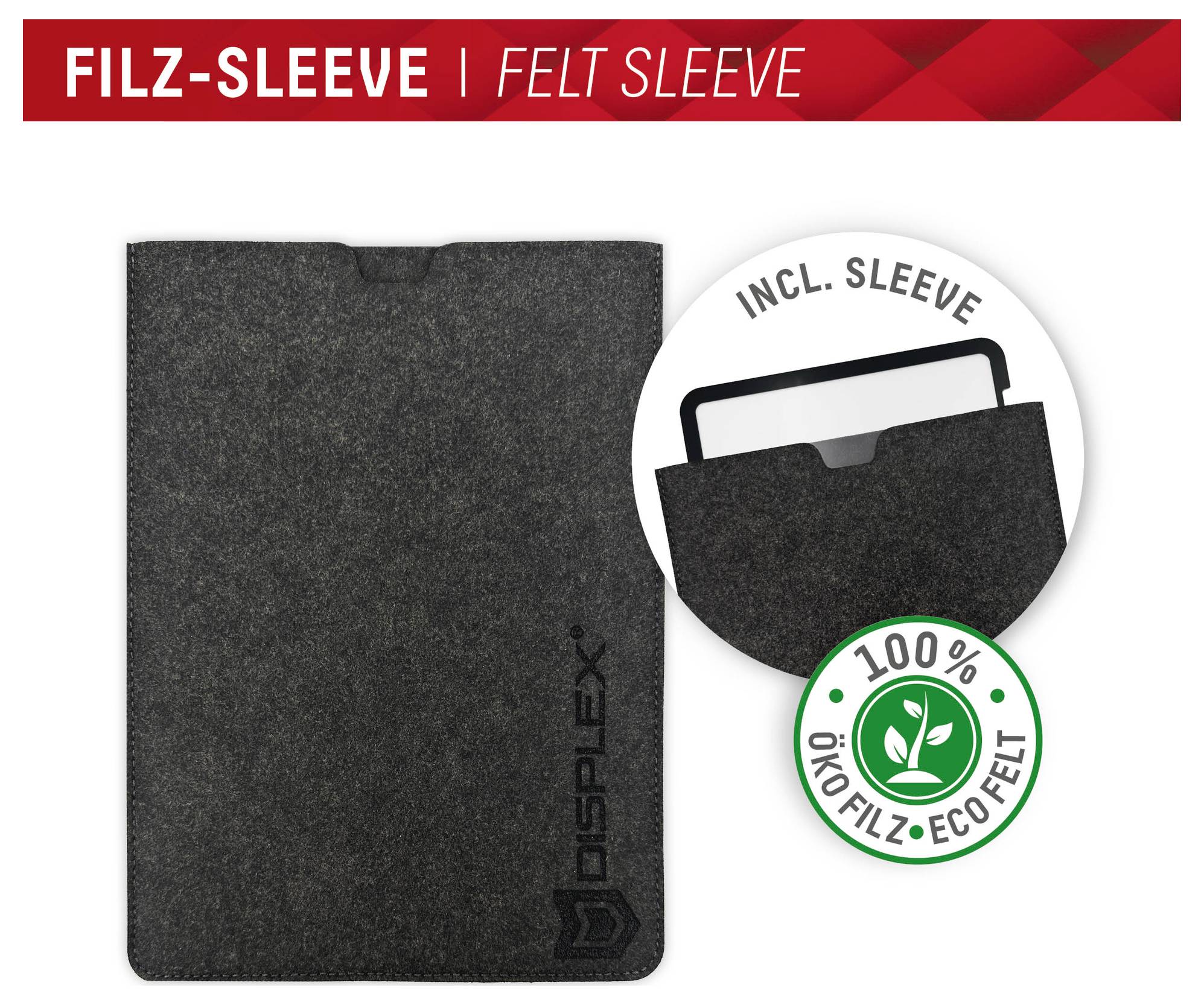 Schwarze Filz-Laptop-Schutzhülle mit eingeblendeter Schutzhülle, beschriftet mit „FILZ-SLEEVE | FELT SLEEVE