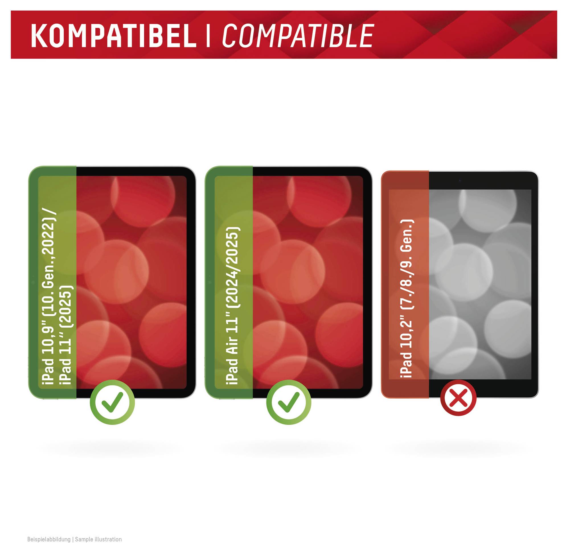 Kompatibilitätsgrafik zeigt iPad-Modelle: iPad 10,9 2022 und iPad Air 11 2024/2025 werden unterstützt, iPad 10,2 7. / 8. / 9. Generation nicht.
