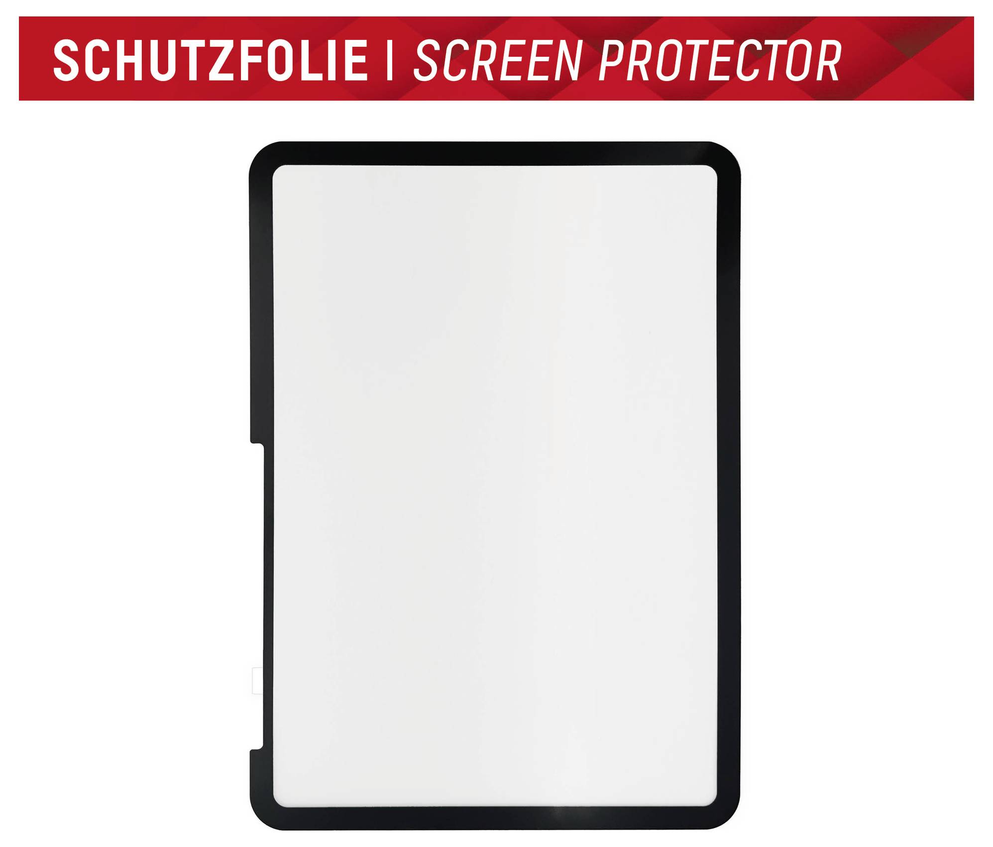 Schwarze Tablet-Displayschutzfolie auf weißem Hintergrund mit rotem Banner mit der Aufschrift „SCHUTZFOLIE | DISPLAYSCHUTZ