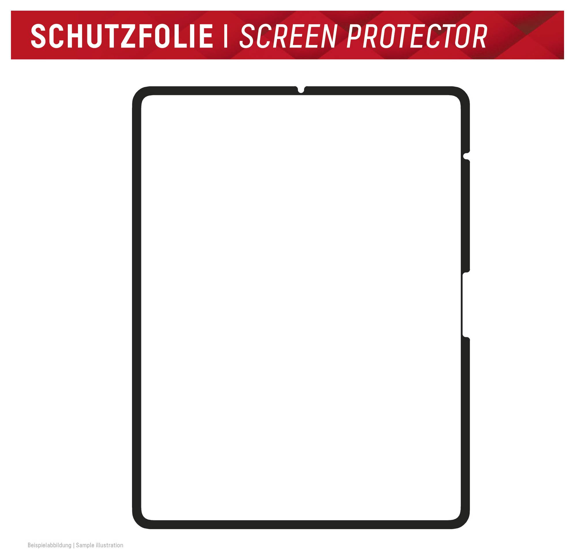 Illustration eines Tablett-Displayschutzes mit schwarzem Umriss auf Weiß, oben mit der Beschriftung „SCHUTZFOLIE | SCREEN PROTECTOR