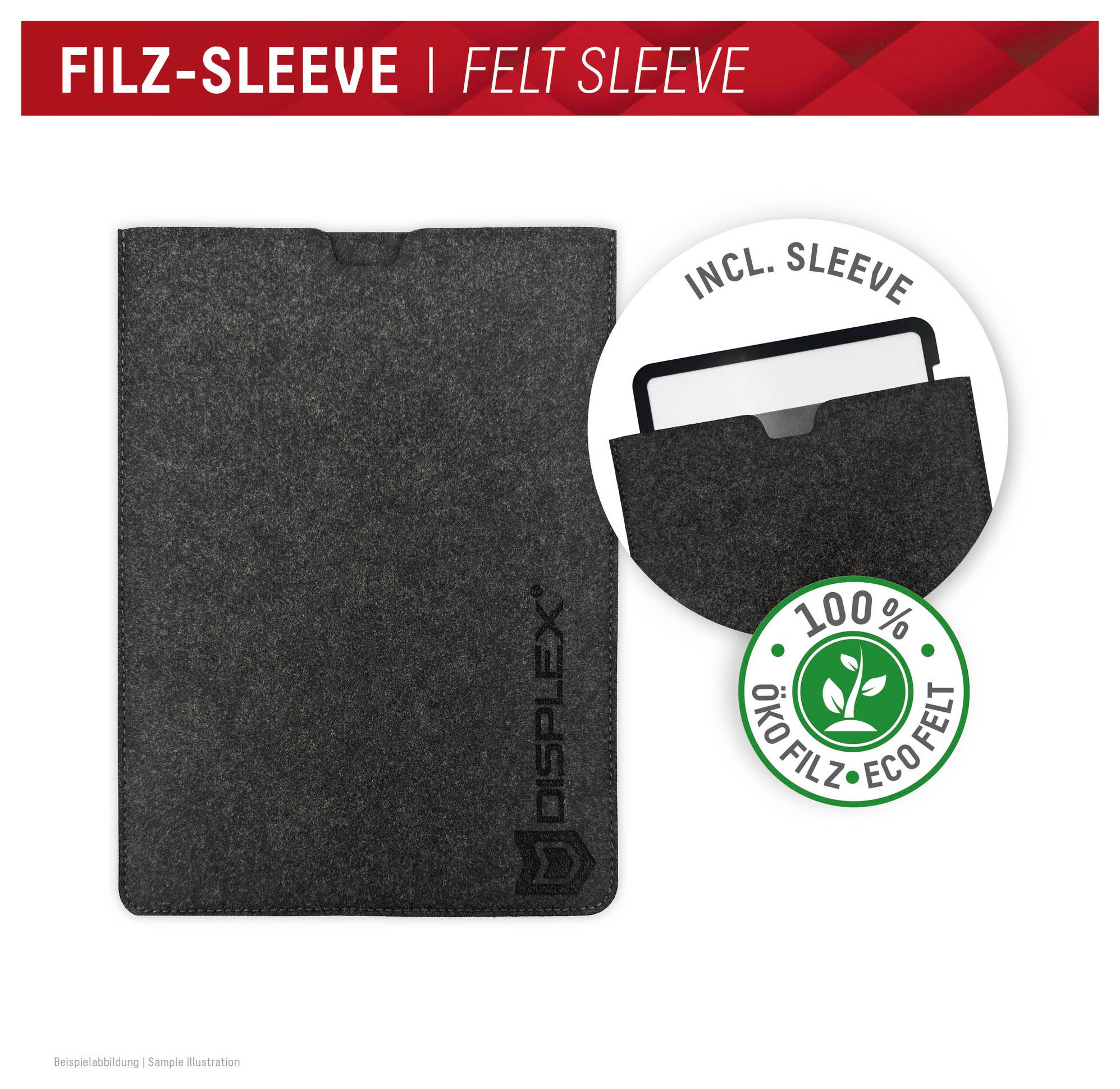 Schwarze Filzhülle für Tablet oder Laptop, mit Banner „FILZ-SLEEVE | FELT SLEEVE