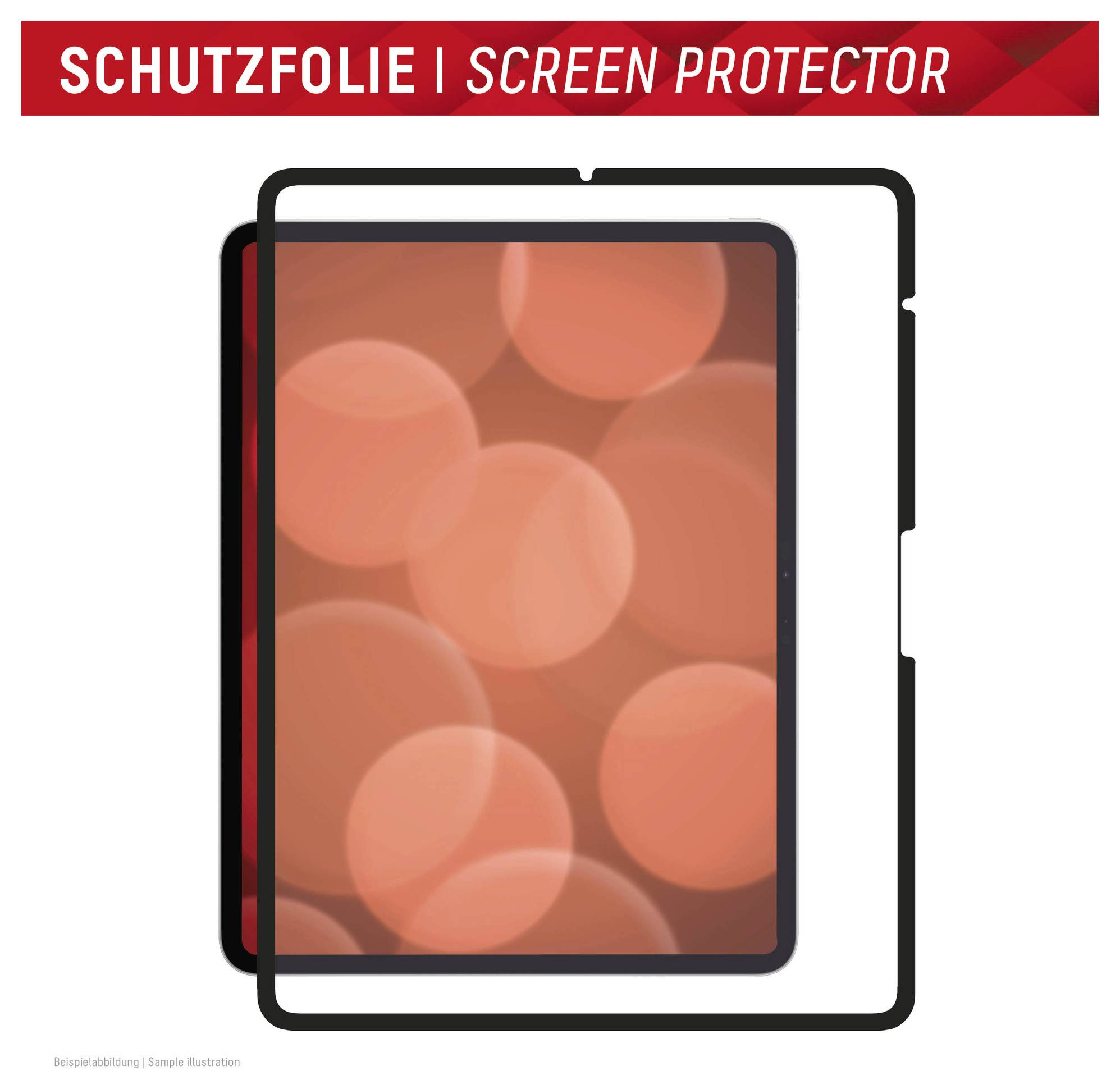 Illustration eines Tablet-Displayschutzes mit schwarzem Rahmen und rotem Banner mit der Aufschrift „SCHUTZFOLIE | DISPLAYSCHUTZ