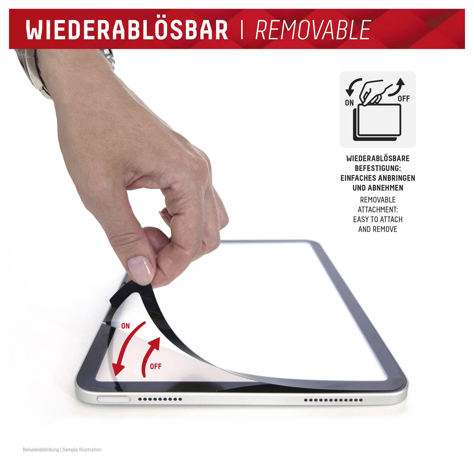 Hand zieht eine wiederablösbare Schutzfolienabzieh ab; Text sagt 