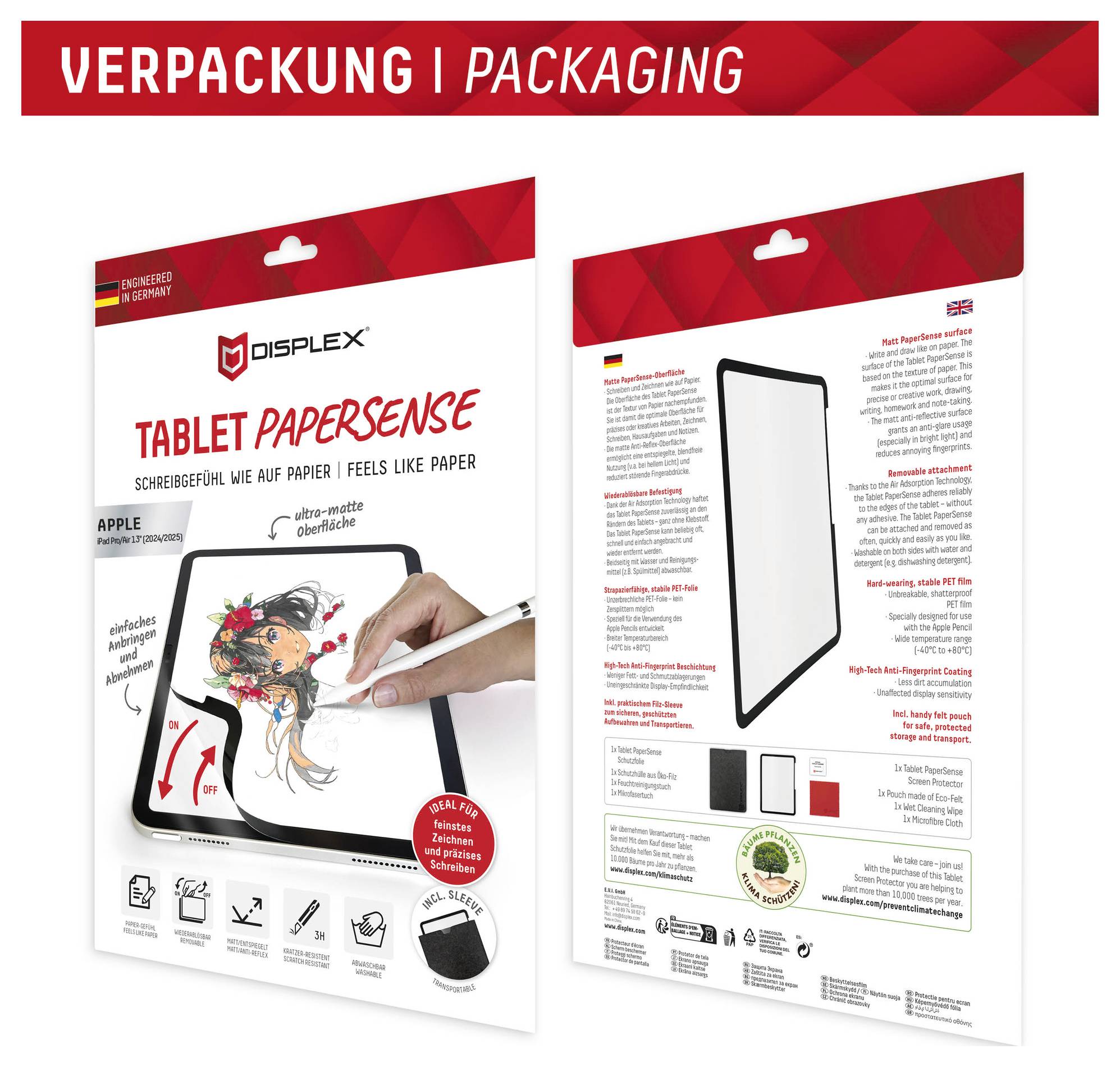 Zwei Ansichten der DISPLEX Tablet PaperSense-Verpackung: Vorderseite zeigt einen Tablet-Papier-ähnlichen Displayschutz für Apple-Geräte; Rückseite listet Produktdetails und Funktionen auf.