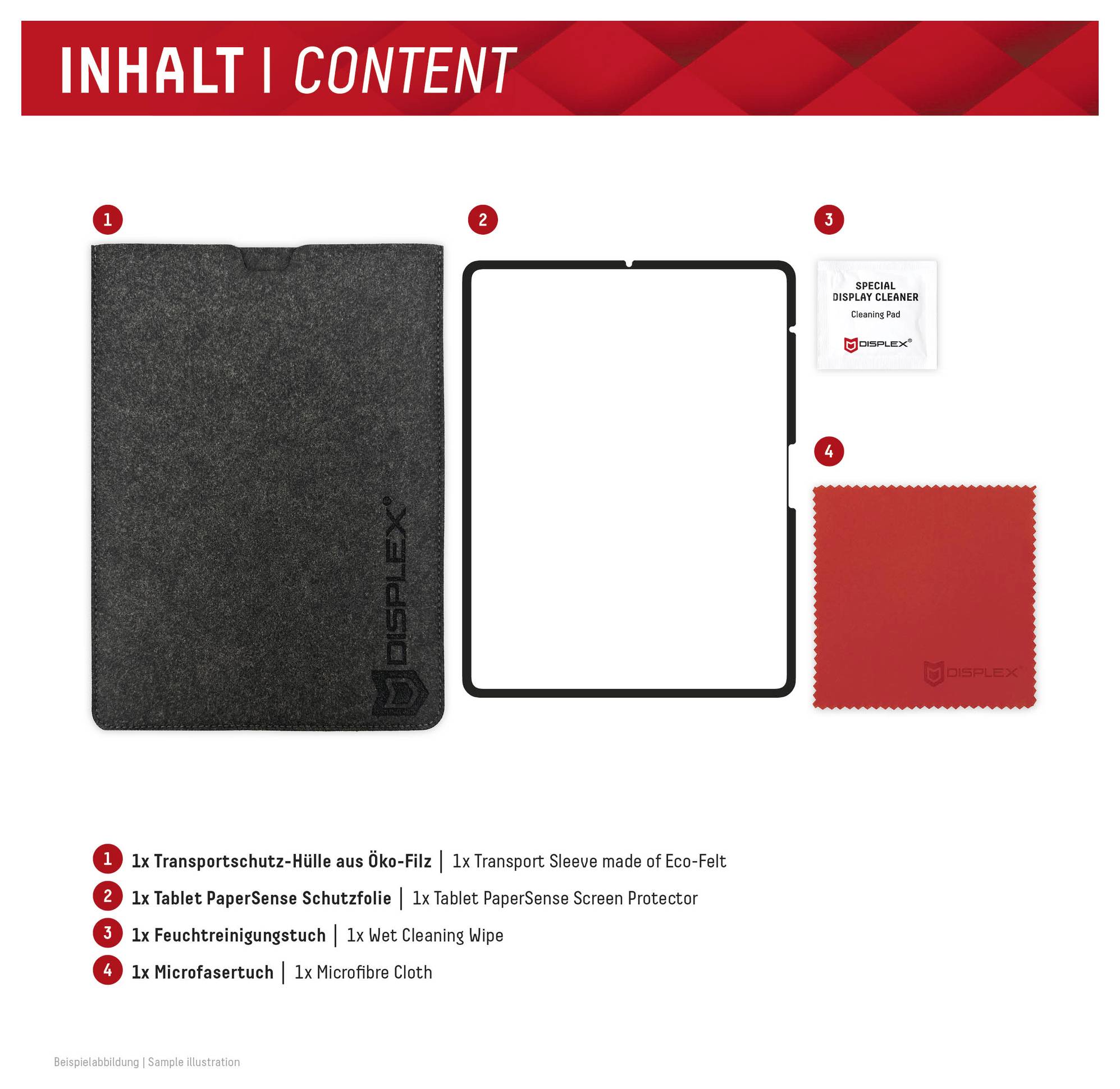 Verpackungsinhalte-Grafik mit vier Artikeln: Öko-Filz-Transporttasche, PaperSense-Displayschutz, Display-Reinigungstuch und Mikrofasertuch.