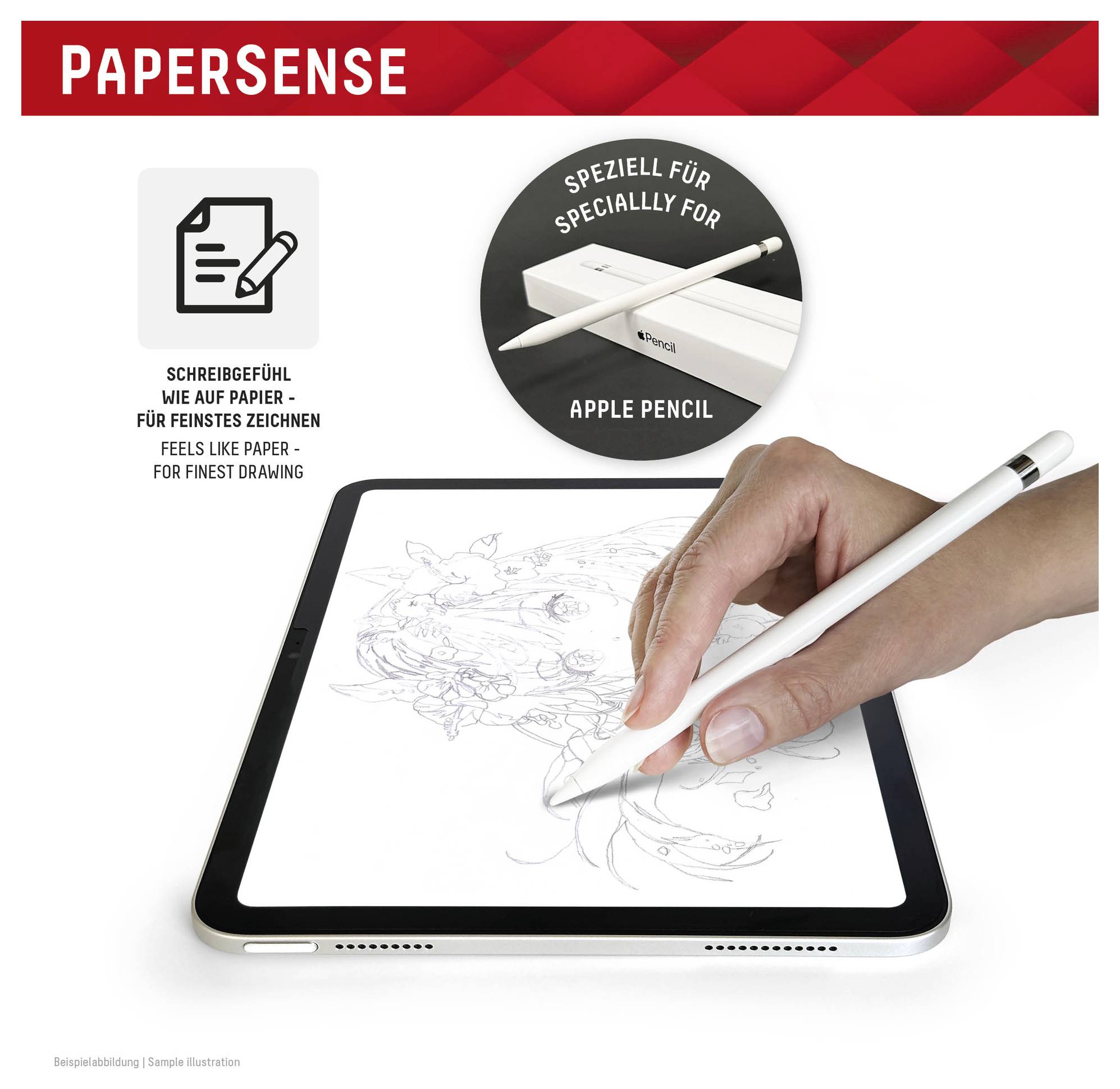 Anzeige für PAPERsense Stylus, die eine Hand zeigt, die einen Apple Pencil auf einem iPad verwendet, um wie auf Papier zu zeichnen; der Text sagt „speziell für Apple Pencil