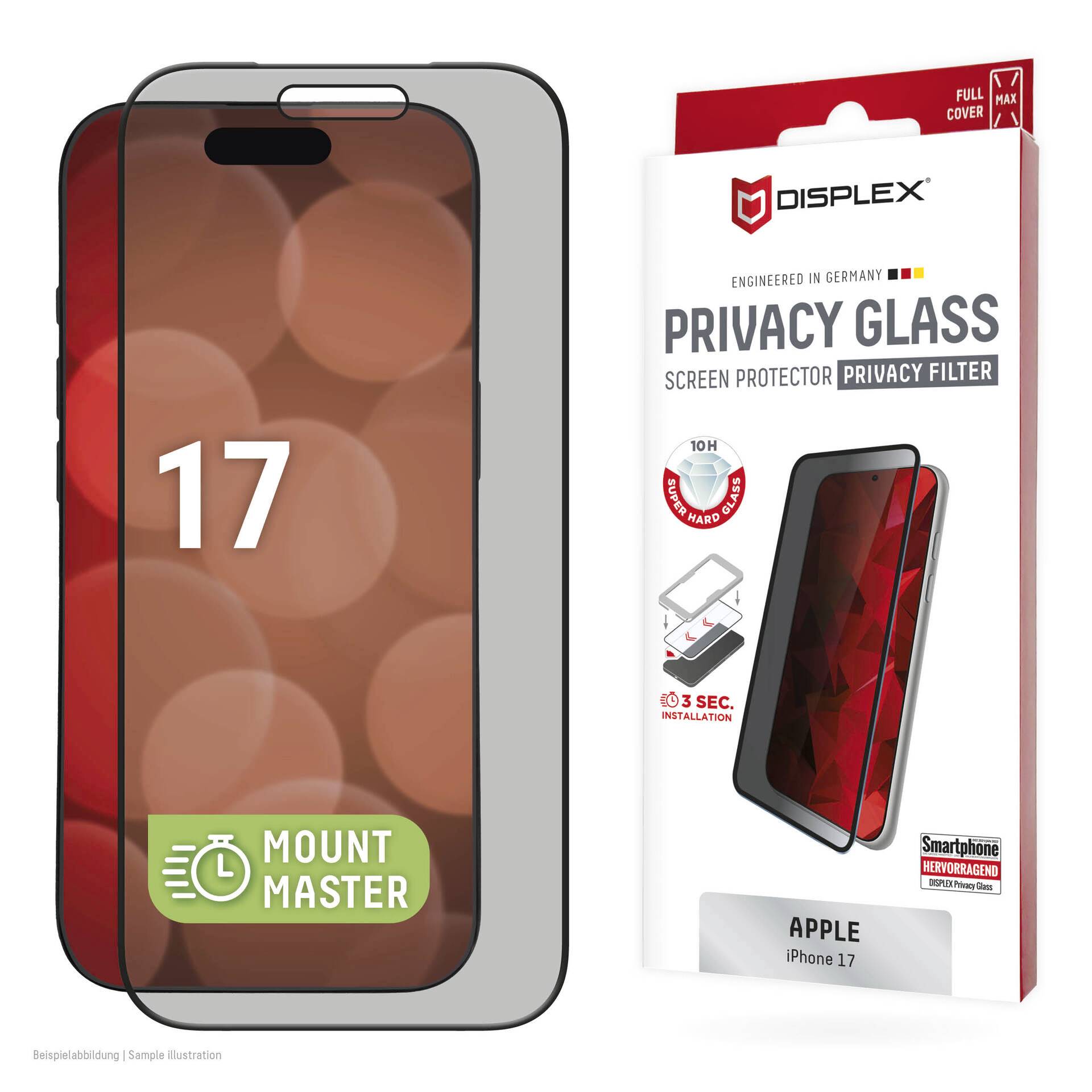 Displex Displayschutzfolie aus Datenschutzglas für Apple iPhone 17, dargestellt auf einem Telefon mit Paket- und Installationssymbolen.