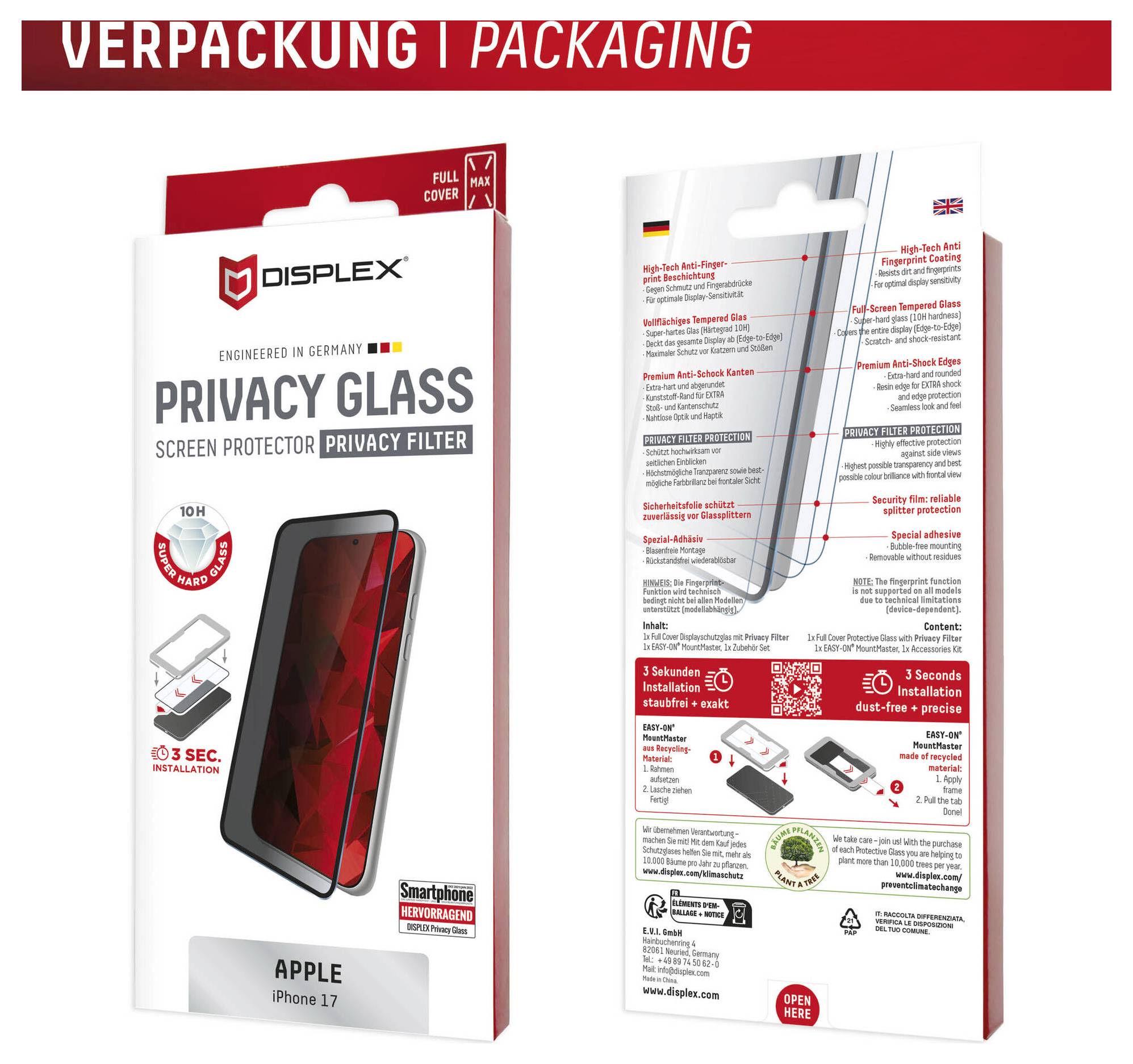 Verpackung für DISPLEX Privacy Glass Displayschutzfolie für Apple iPhone 17, zeigt Vorder- und Rückseite der Produktverpackung mit Datenschutzfilter und Installationsdetails.
