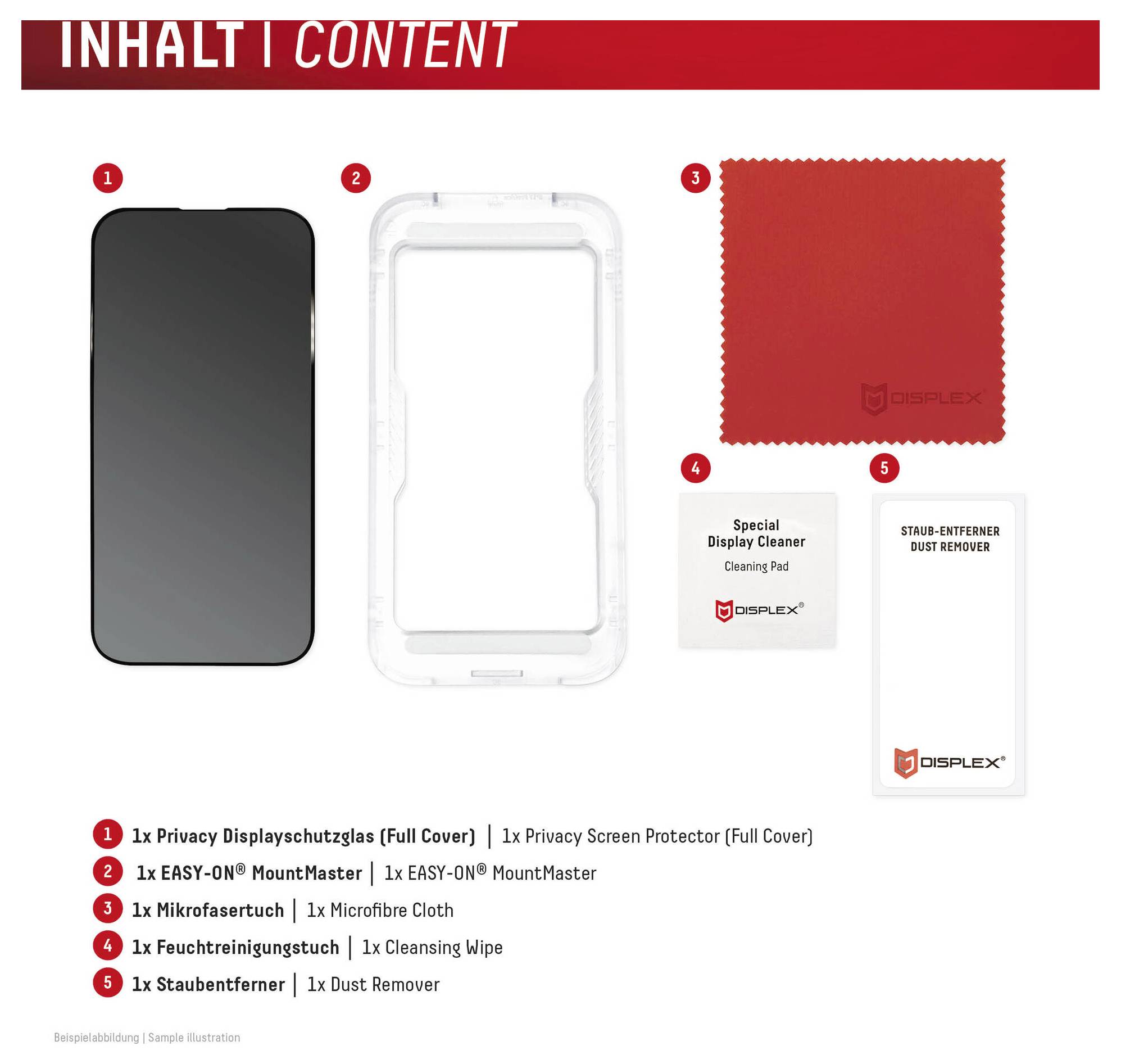 Inhalt eines Datenschutz-Displayschutzfolien-Sets: Displayschutzfolie, MountMaster-Rahmen, Mikrofasertuch, Reinigungstuch und Staubentferner.