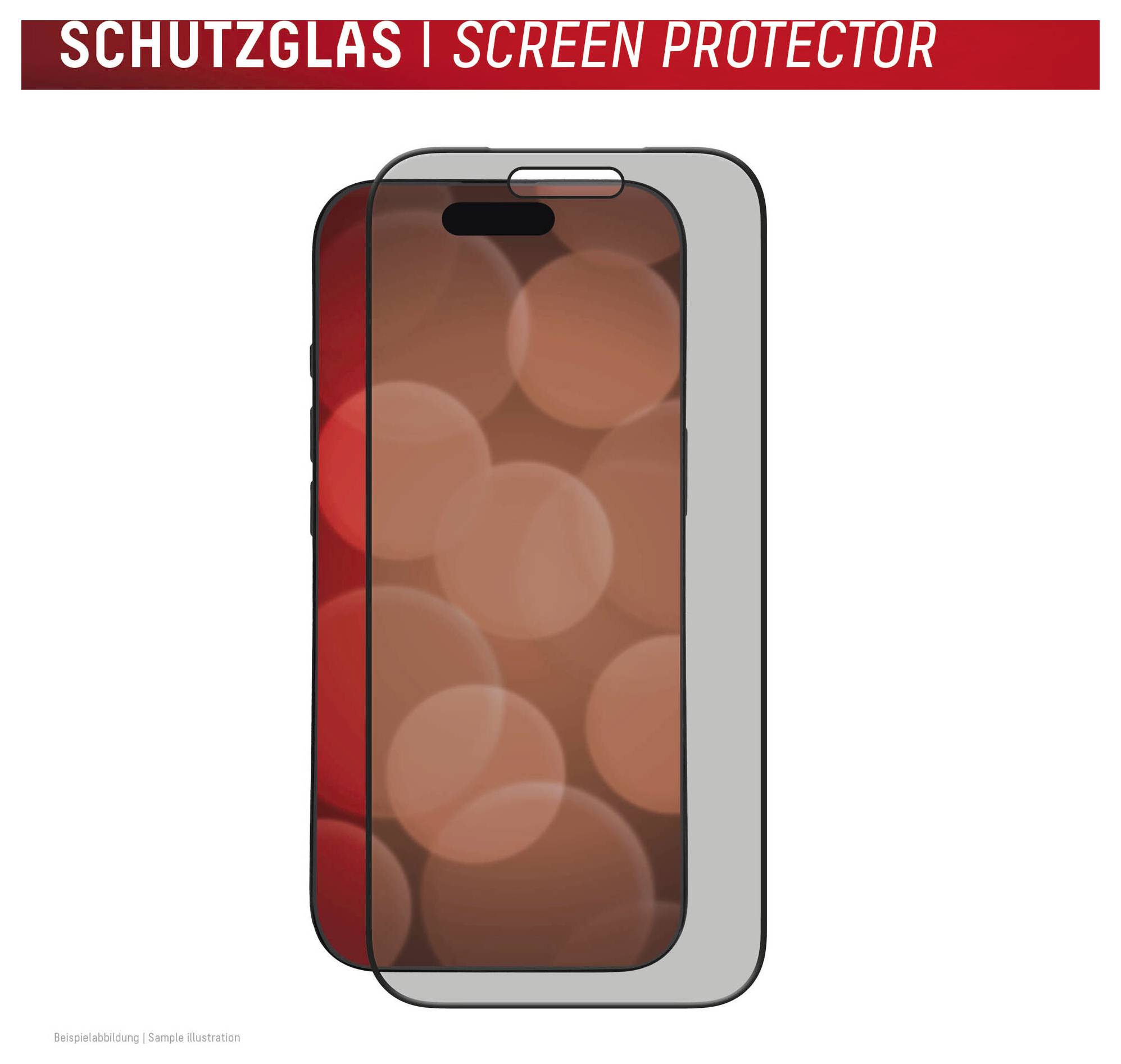 Darstellung eines Smartphones mit einer Schutzfolie, oben beschriftet mit „SCHUTZGLAS | SCREEN PROTECTOR