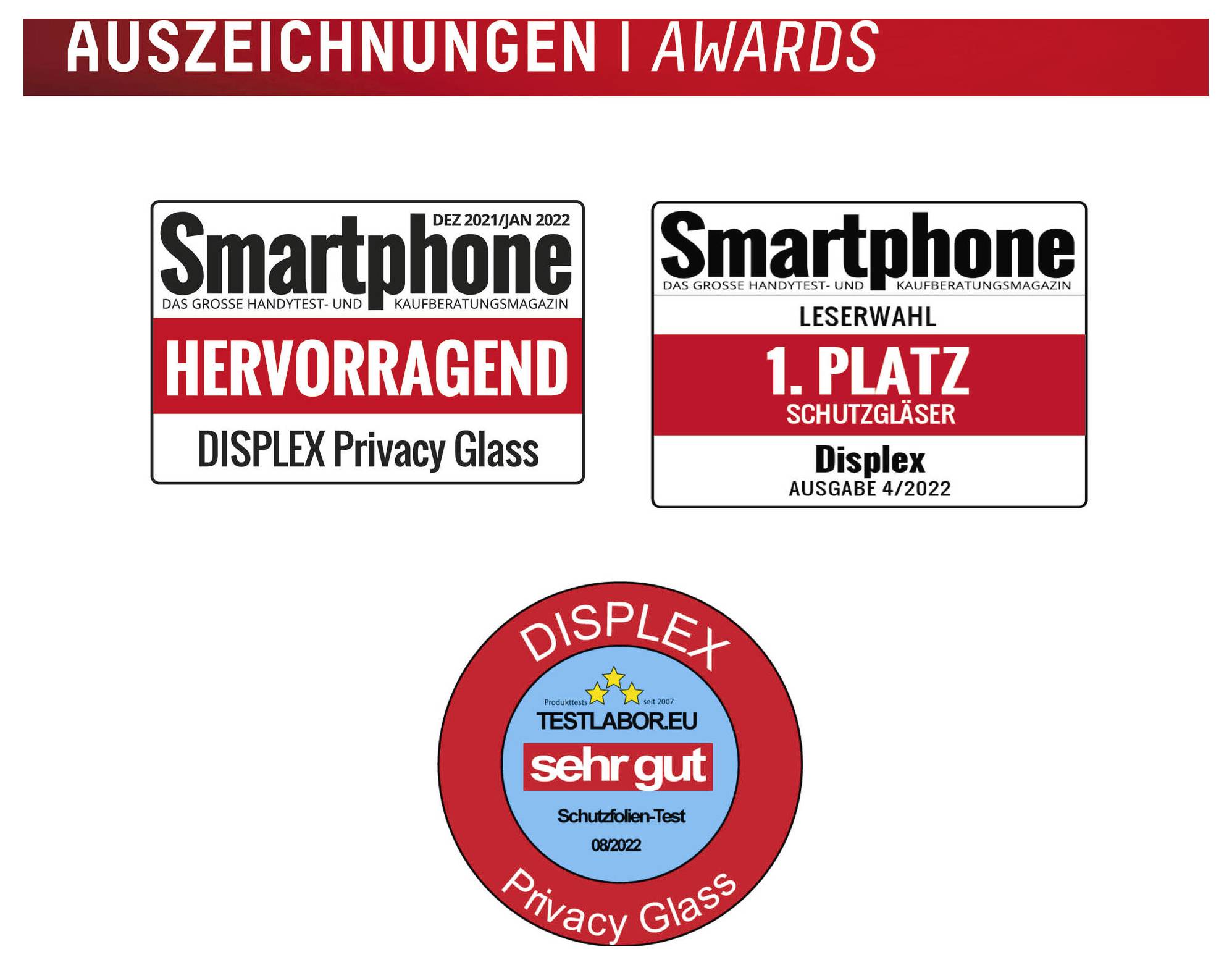 Auszeichnungsgrafik mit drei Abzeichen für Displex Privacy Glass: „Smartphone