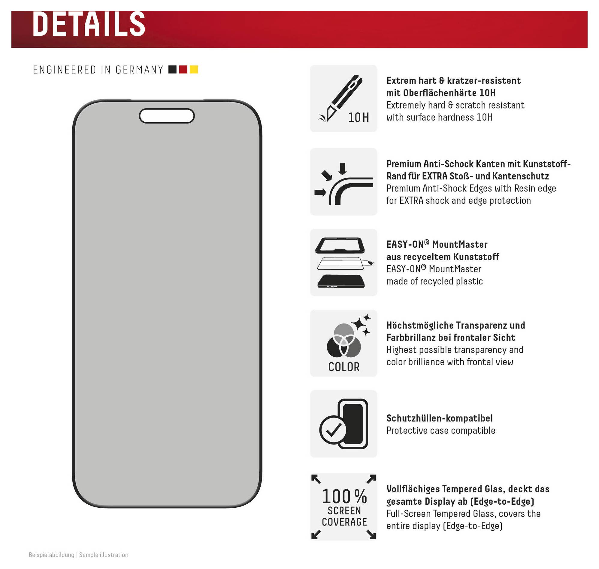 Produktmerkmal-Grafik für einen Smartphone-Displayschutz: Vollbild-Hartglas, 10H-Härte, stoßfeste Kanten, Gehäusekompatibilität, vollständige Abdeckung.