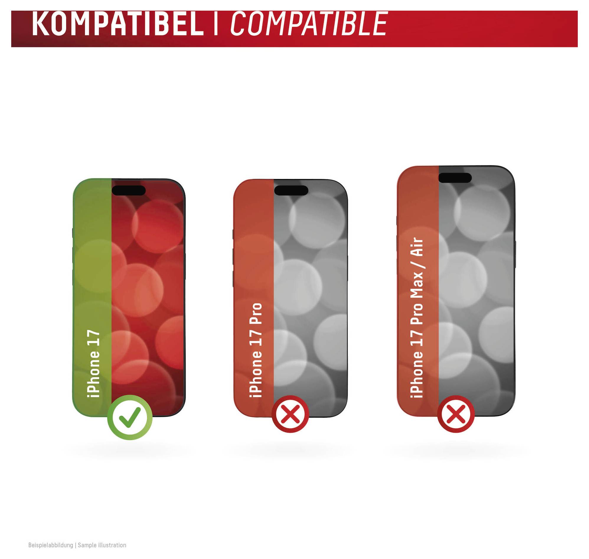 Kompatibilitätsgrafik, die zeigt, dass iPhone 17 unterstützt wird, während iPhone 17 Pro und iPhone 17 Pro Max/Air nicht unterstützt werden, gekennzeichnet mit Häkchen- und X-Symbolen.