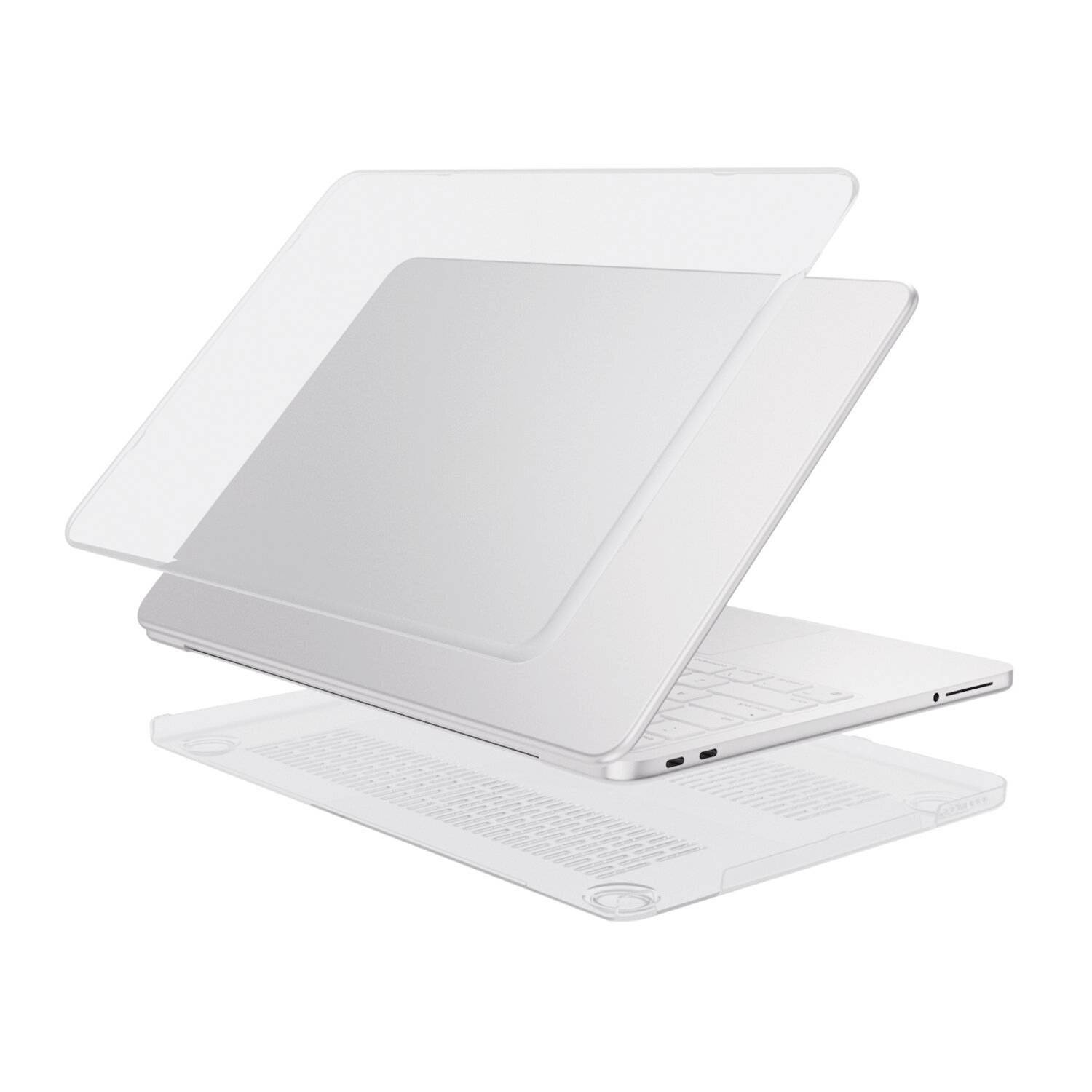Explodierte Ansicht eines schlanken weißen Laptops mit durchsichtigen Schutzschichten, die über und unter dem Gerät getrennt sind.