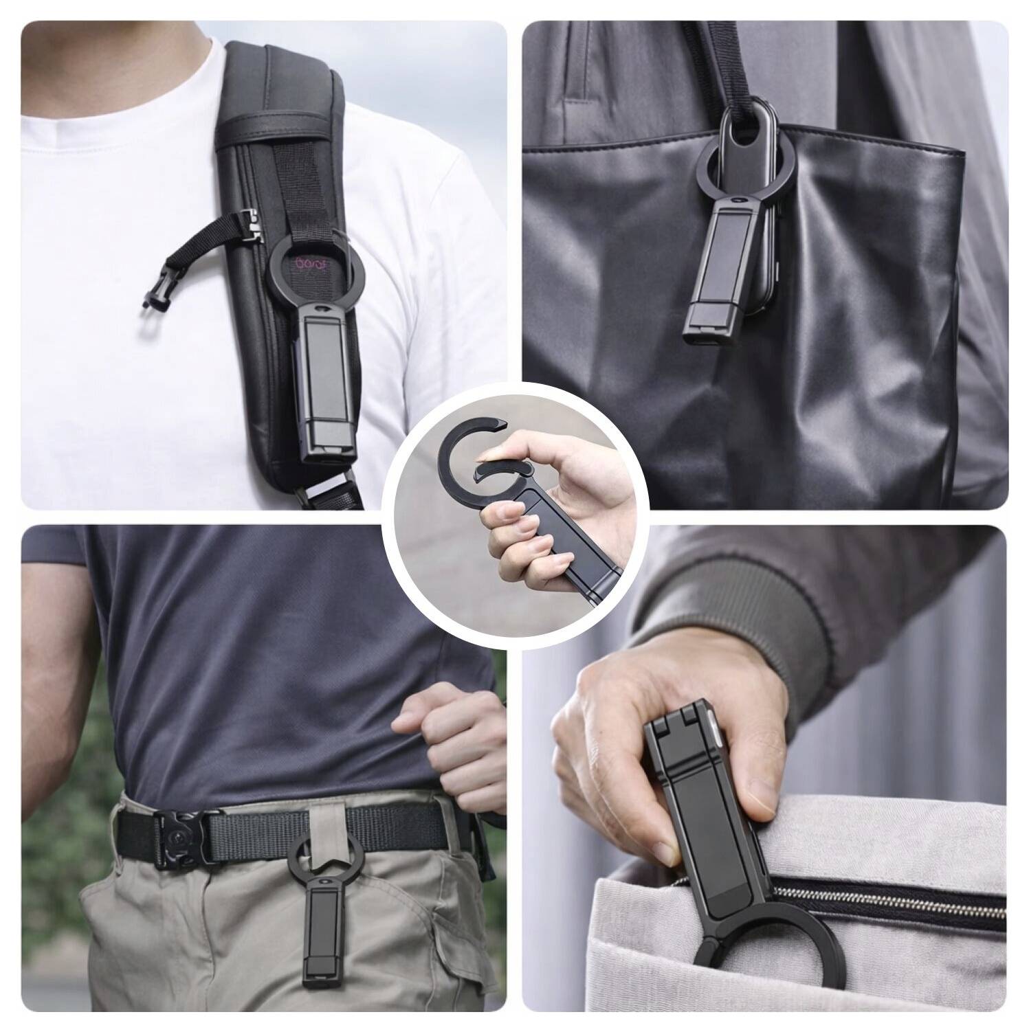 Collage mit einem schwarzen karabinerstil-Gadget, das an einem Rucksackgurt, einer Tasche, einem Gürtel und einer Tasche befestigt ist, mit einer Hand, die den Haken öffnet.
