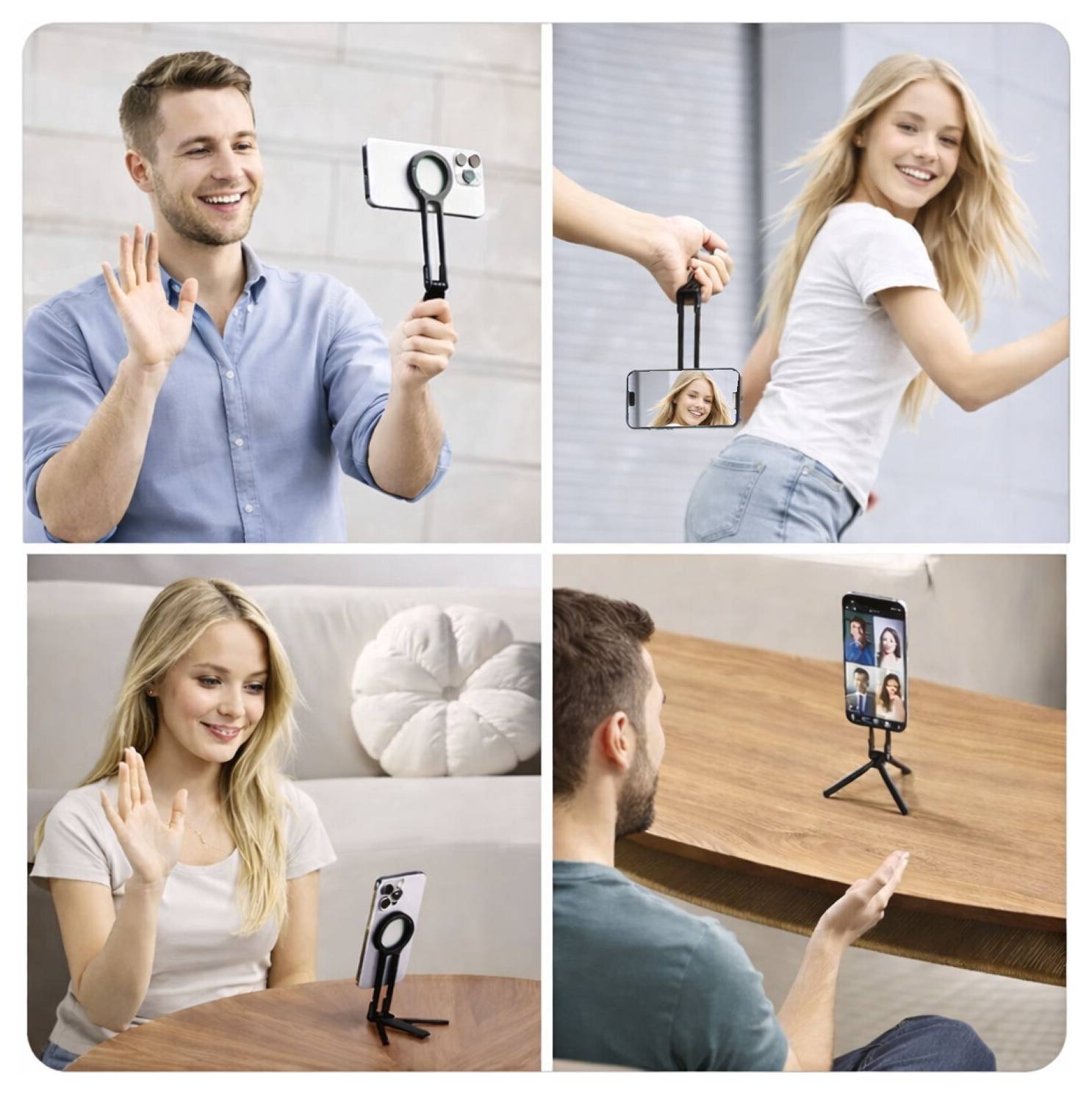Vierpanel-Bild von Personen, die über Videoanrufe auf Smartphones sprechen, die auf kleinen Ständern montiert sind, lächeln und winken in Innenräumen.