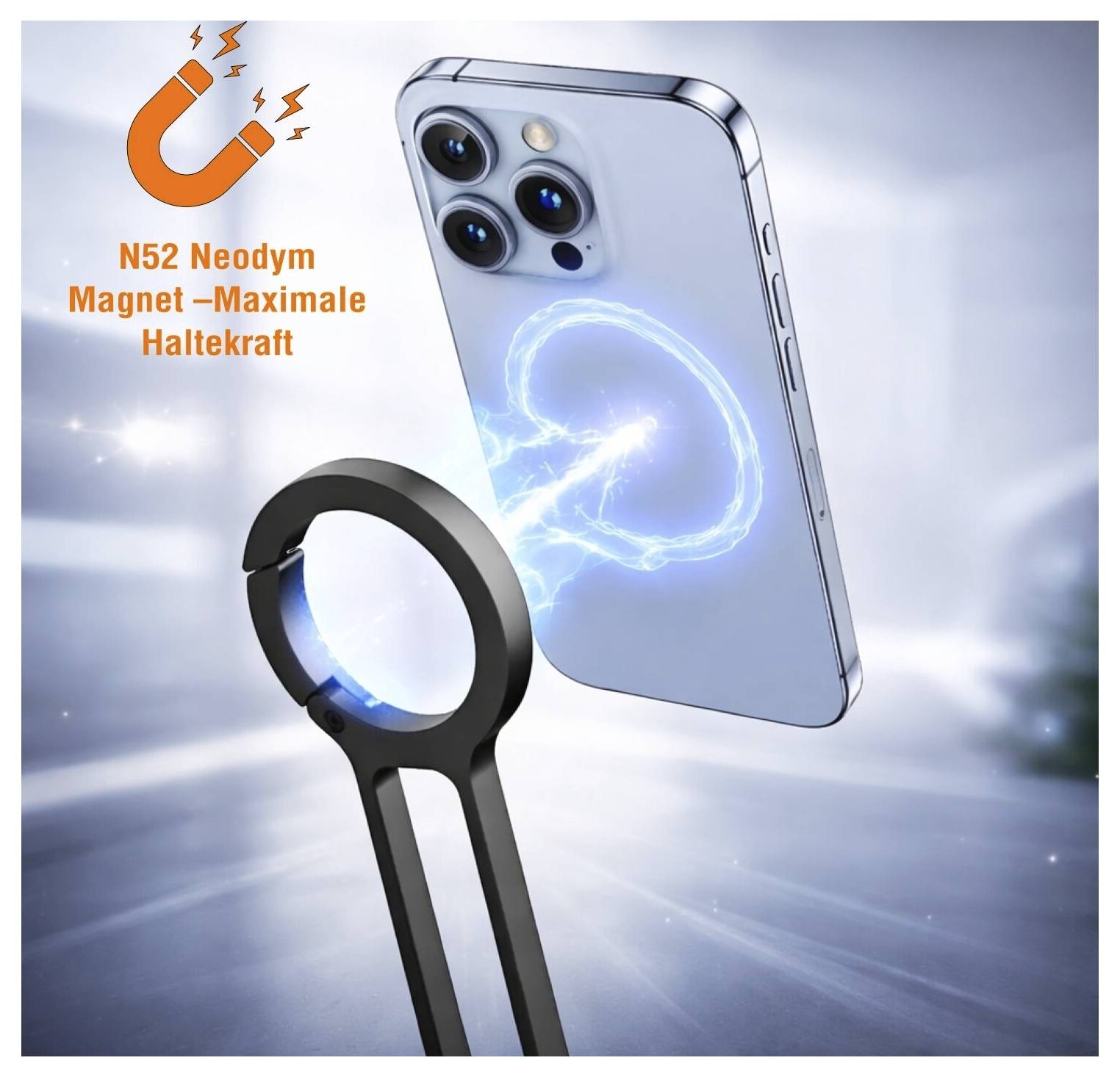 Magnetische Handyhalterung mit leuchtender Befestigungsstelle und Text "N52 Neodym Magnet - Maximale Haltekraft" zur Bewerbung einer starken Halterung.