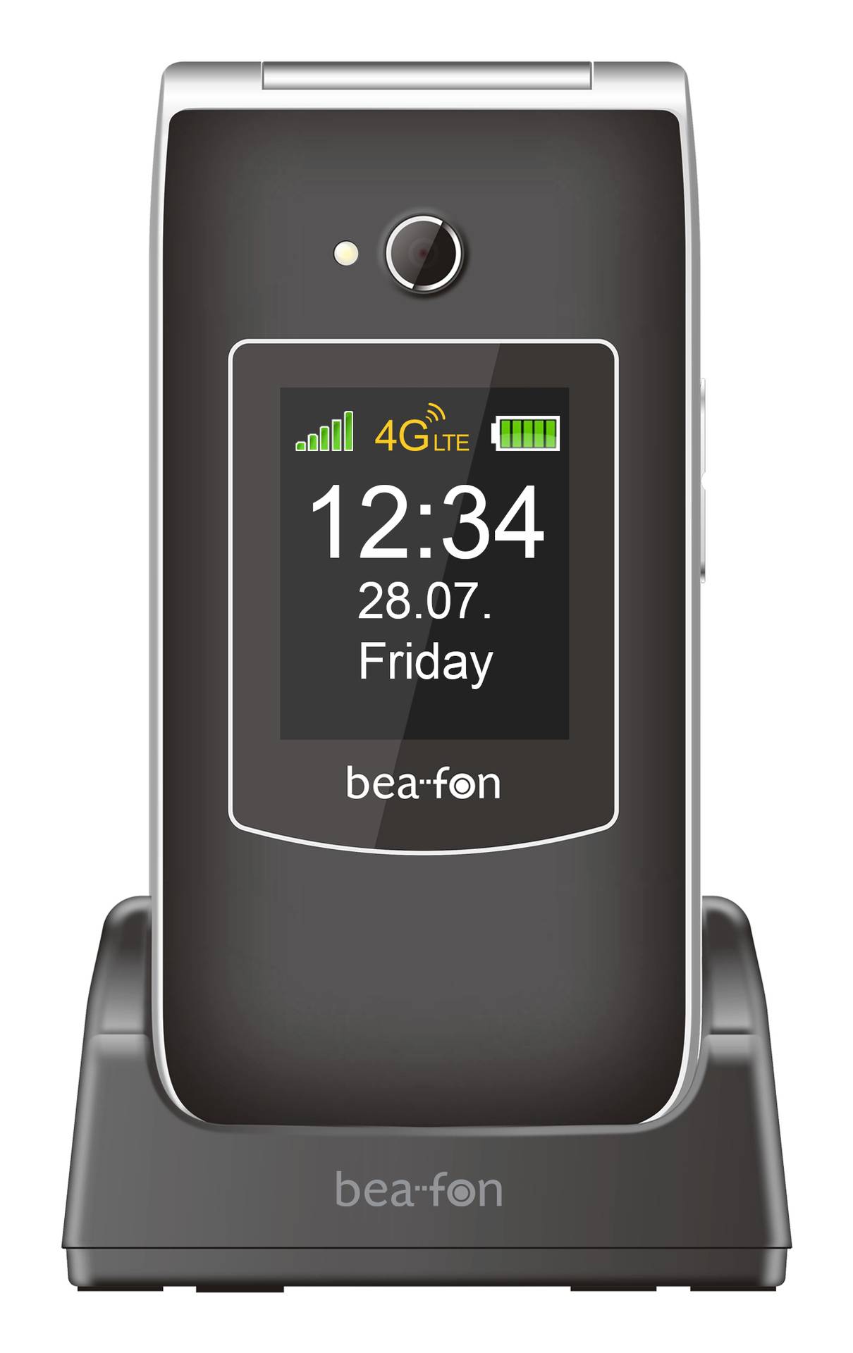 Klapphandy, das in einer Ladestation steht, mit einem Bildschirm, der Signalstärkebalken, 4G LTE, Batteriesymbol, 12:34, 28.07. und Freitag anzeigt.